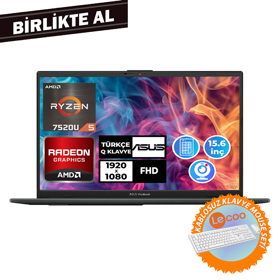 Asus Vivobook Go 15 Ryzen 5 7520U 16GB 1TB SSD 15.6" Fdos + Kablosuz Klavye Mouse E1504FA-NJ1465 024