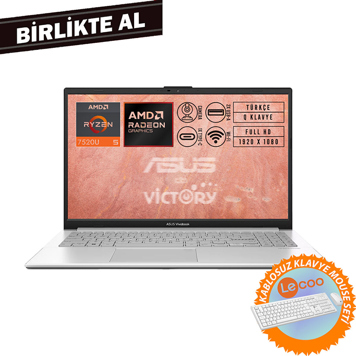 Asus VivoBook Go 15 AMD Ryzen 5 7520U 8GB 512GB SSD 15.6" Fdos+ Klavye-Mouse Set E1504FA-NJ115 008