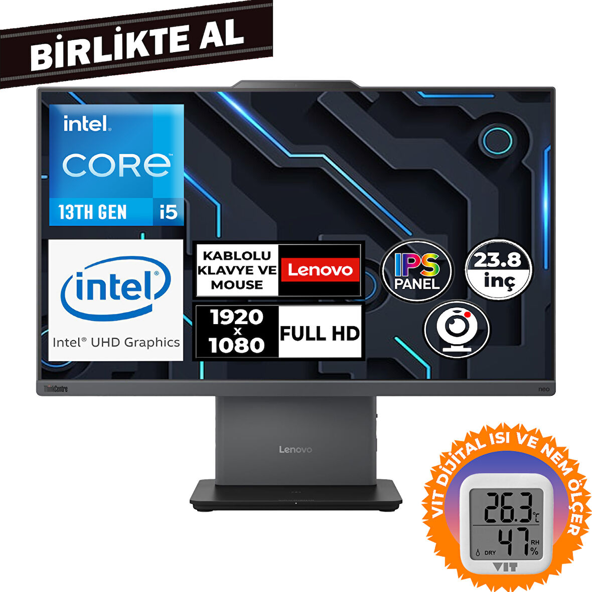 Lenovo ThinkCentre Neo 50A G5 i5-13420H 16GB 256GB SSD 23.8"Fdos AIO + VIT Termometre 12SC000MTR 038