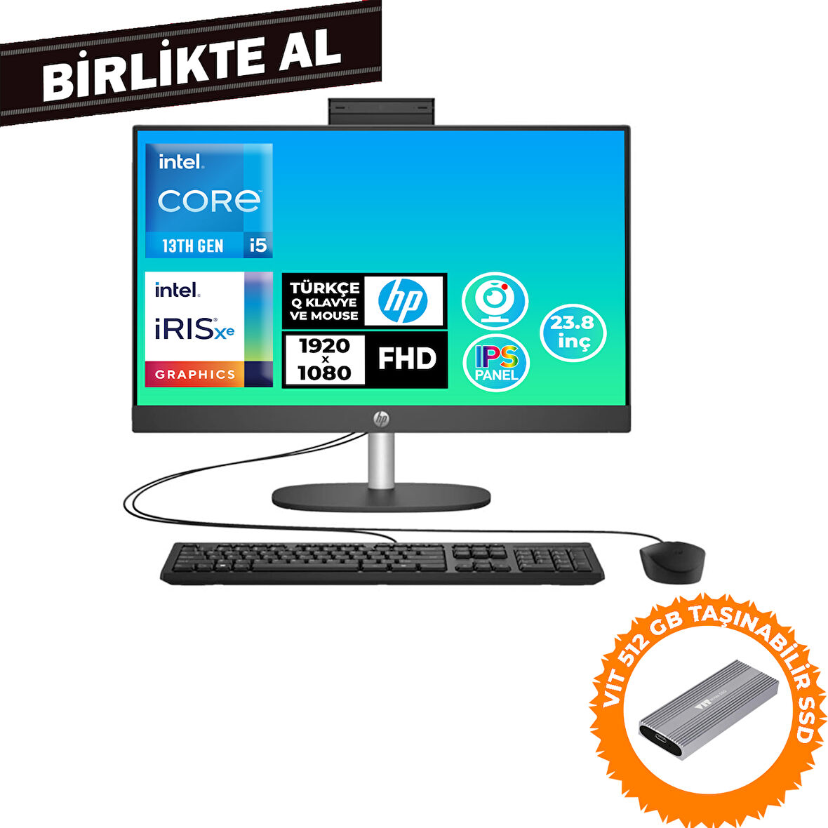 HP ProOne 240 G10 i5-1334U 8GB 512GB SSD 23.8" FHD Fdos All In One PC + VIT 512 GB SSD B70VFAT 037