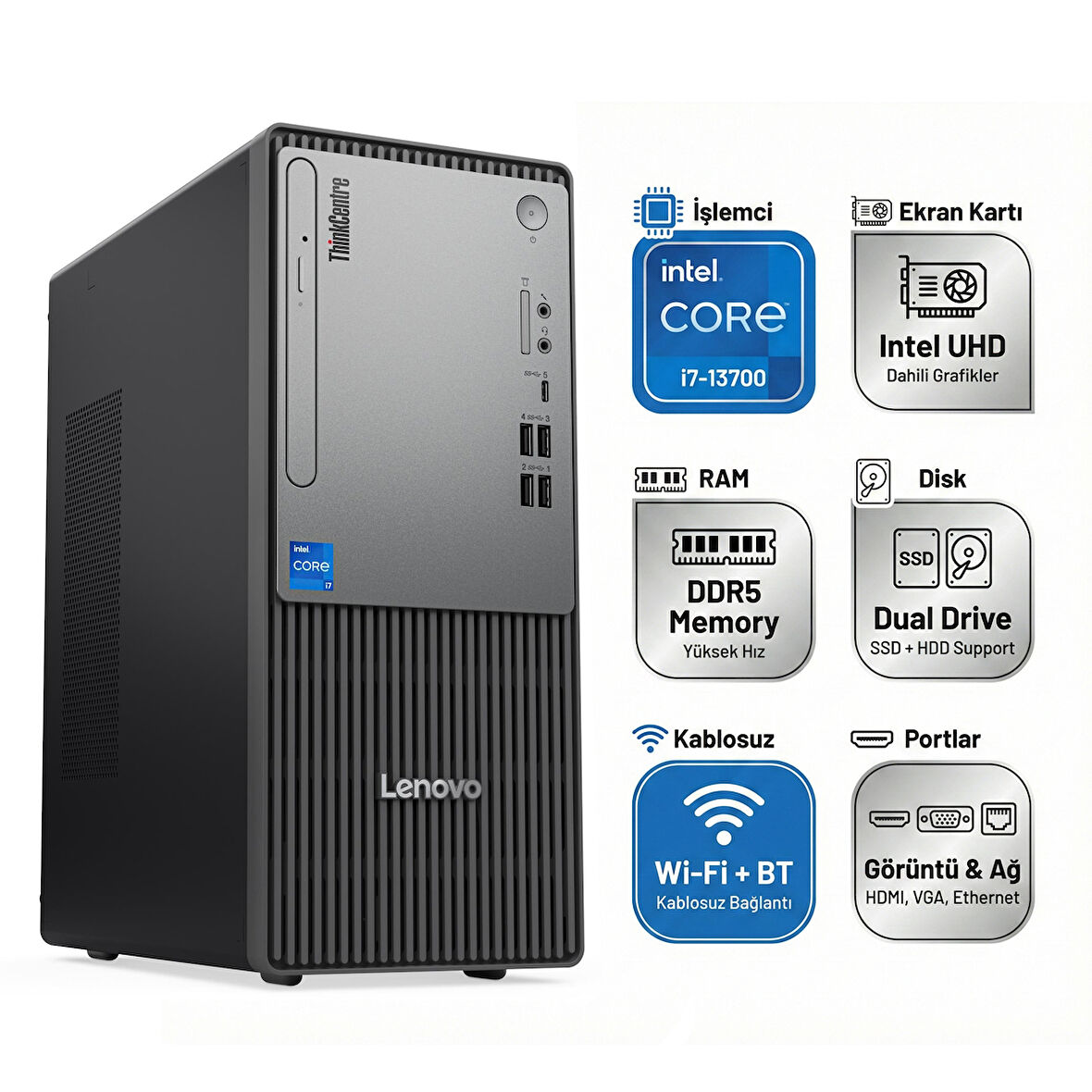 Lenovo ThinkCentre Neo 50T Gen 5 Intel Core i7-13700 64GB 2TB SSD Windows 11 Pro Masaüstü Bilgisayar 12UB000HTR 014
