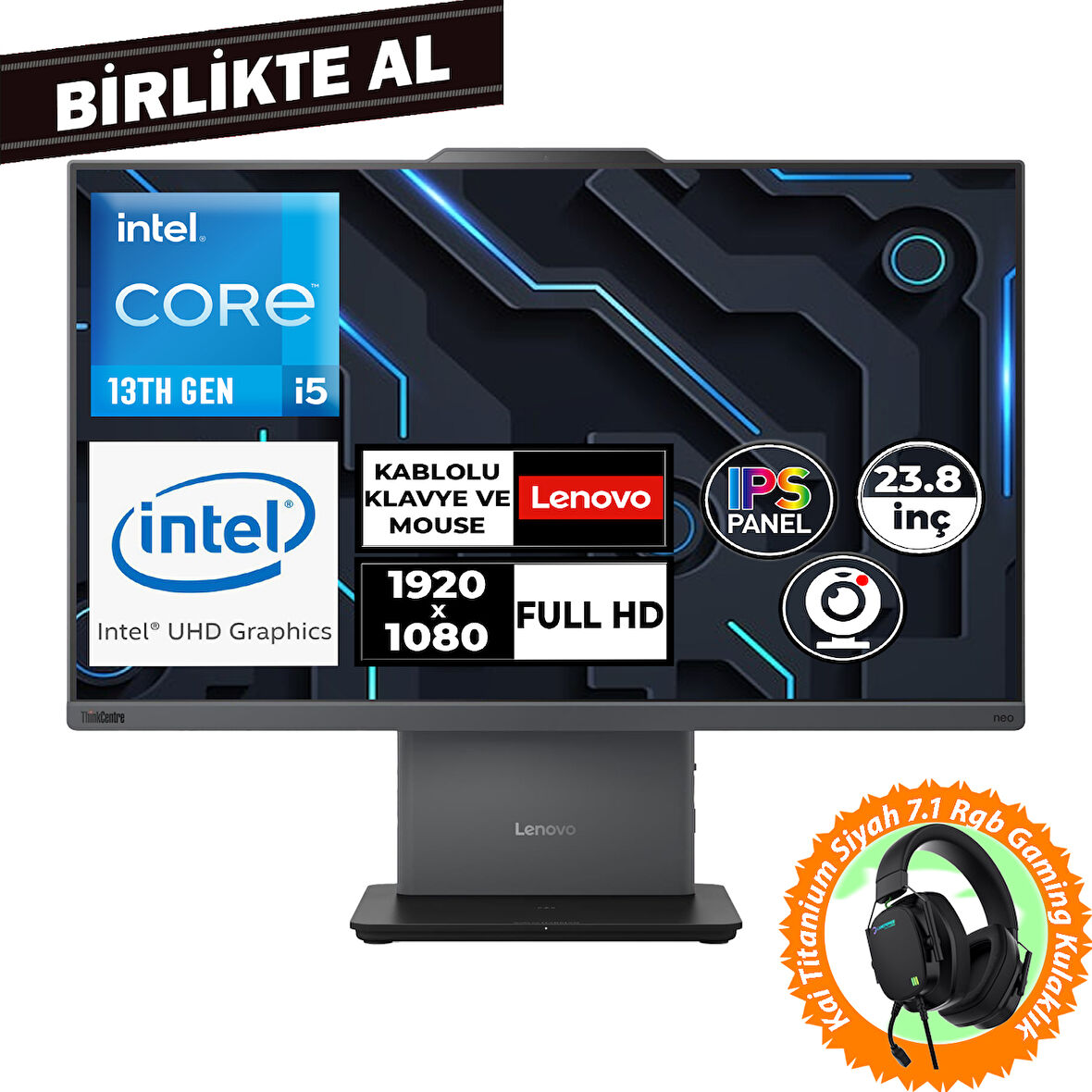Lenovo ThinkCentre Neo 50A G5 i5-13420H 32GB 512GB SSD 23.8" Fdos AIO+Gaming Kulaklık 12SC000MTR 044