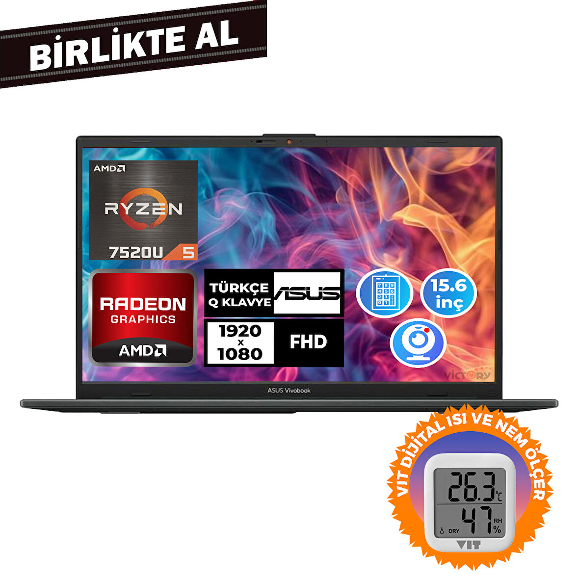 Asus Vivobook Go 15 Ryzen 5 7520U 16GB 1TB SSD 15.6" W11P + VIT Termometre E1504FA-NJ1465 036