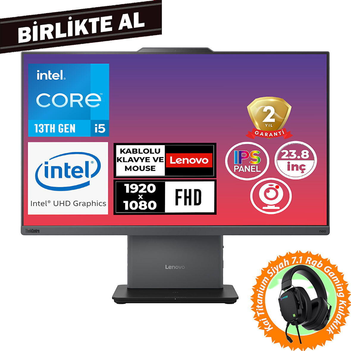 Lenovo ThinkCentre Neo 50A G5 i5-13420H 16GB 1TB SSD 23.8" W11P + Gaming Kulaklık 12SC002WTR 042