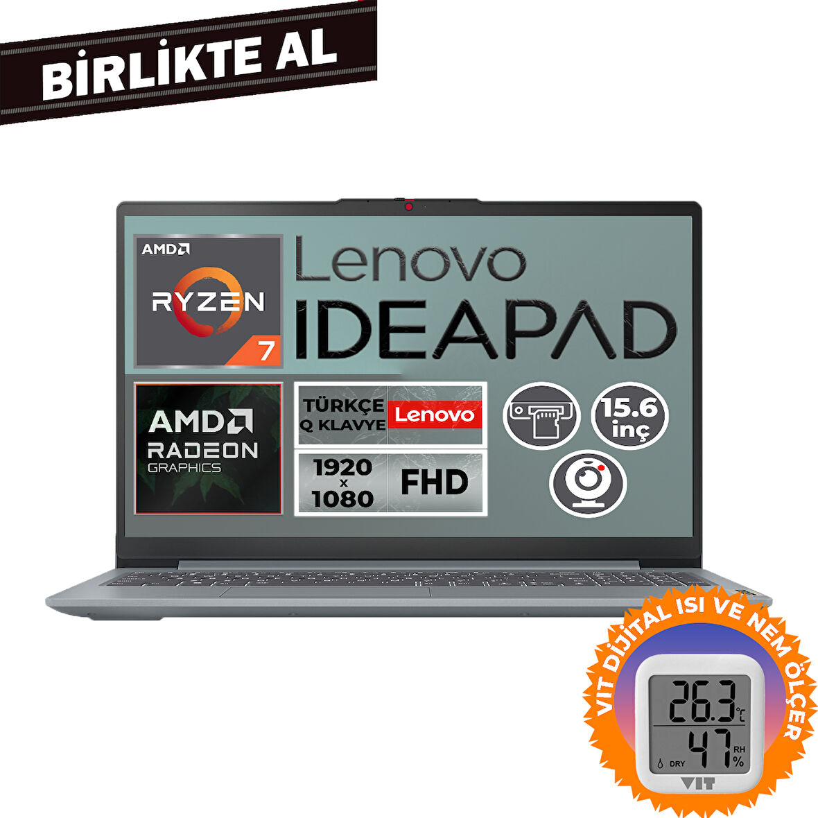 Lenovo IdeaPad Slim 3 Ryzen 7 5825U 16GB 512GB SSD 15.6" W11P Laptop + VIT Termometre 82XM00U4TX 012