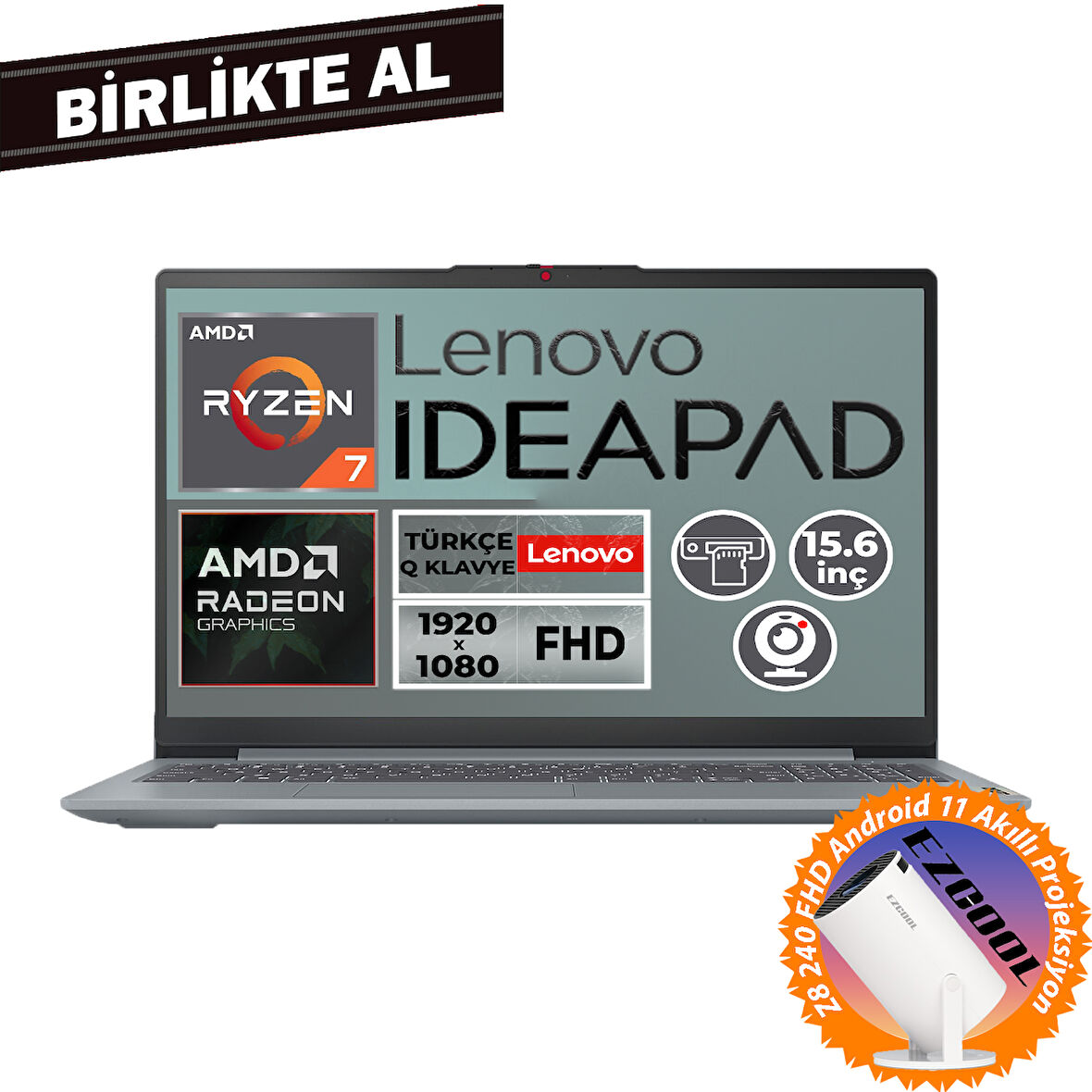 Lenovo IdeaPad Slim 3 Ryzen 7 5825U 16GB 512GB SSD 15.6" W11P Laptop + Projeksiyon 82XM00U4TX 019