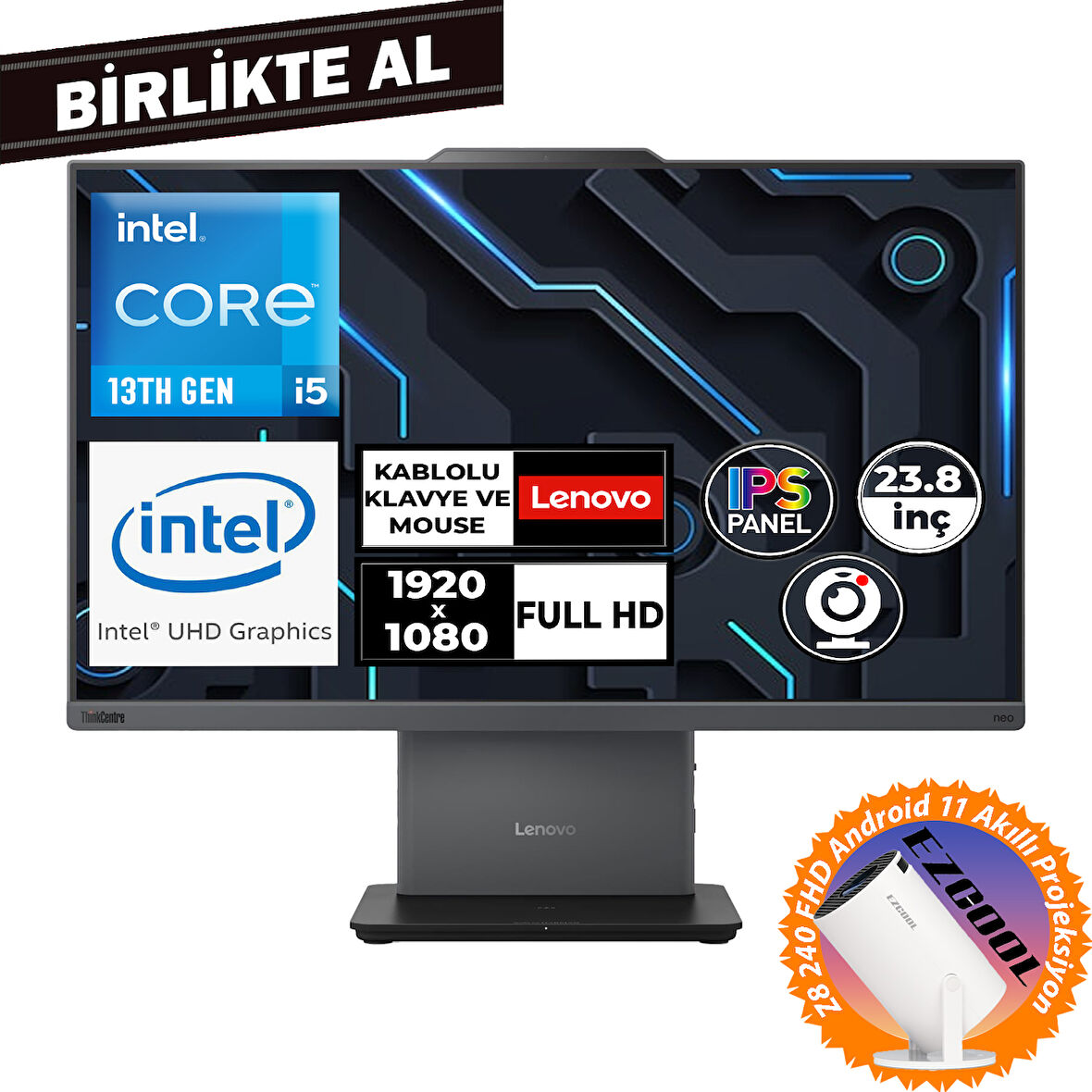 Lenovo ThinkCentre Neo 50A G5 i5-13420H 32GB 512GB SSD 23.8" Fdos AIO + Projeksiyon 12SC000MTR 046
