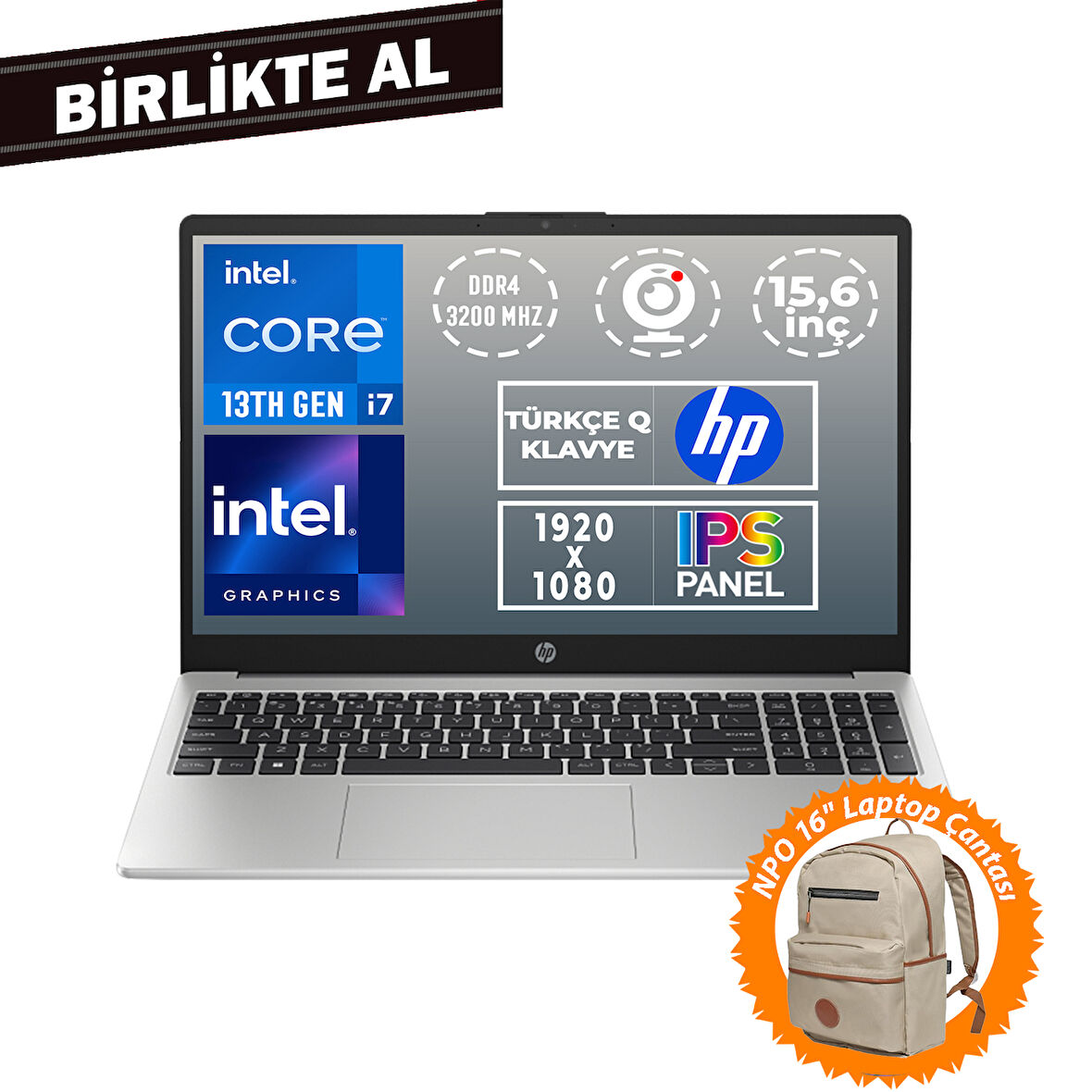 HP 250 G10 i7-1355U 32GB 1TB SSD 15.6" FHD Freedos + Çanta B2PH1ES 042