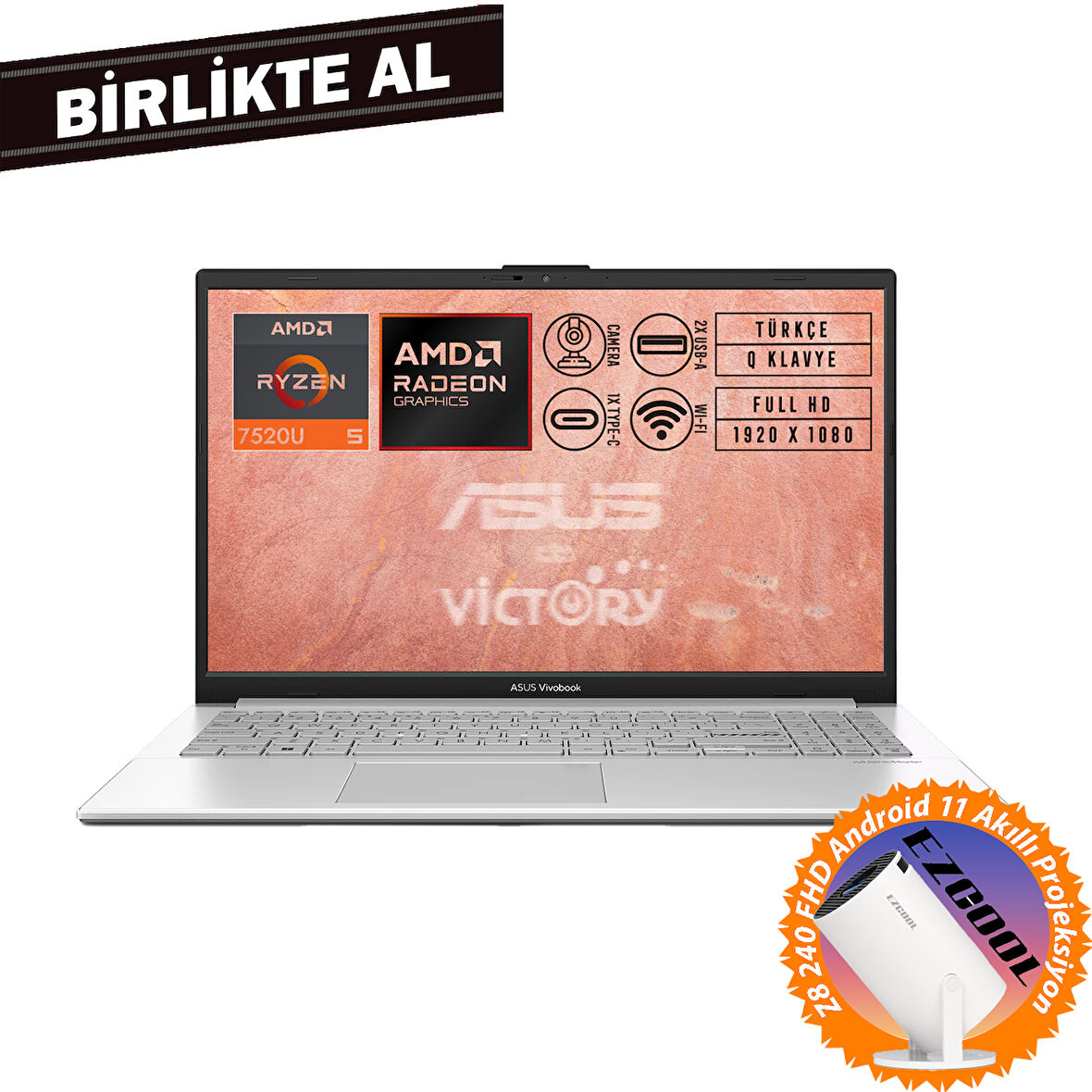 Asus VivoBook Go 15 AMD Ryzen 5 7520U 8GB 1TB SSD 15.6" FHD W11P + Projeksiyon E1504FA-NJ115 015