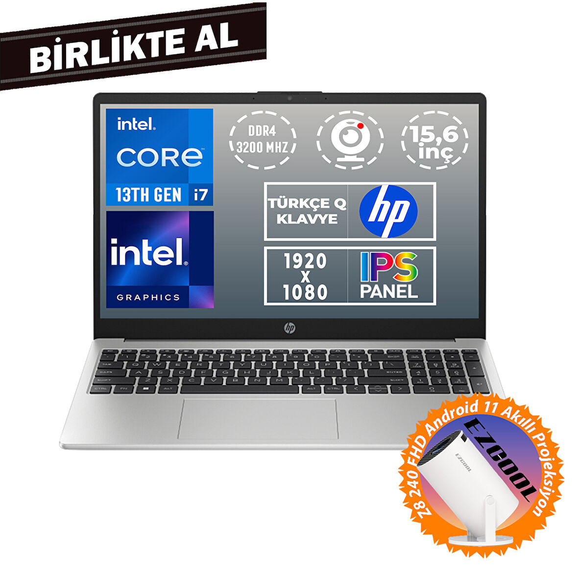 HP 250 G10 i7-1355U 32GB 512GB SSD 15.6" FHD W11P + Projeksiyon B2PH1ES 055