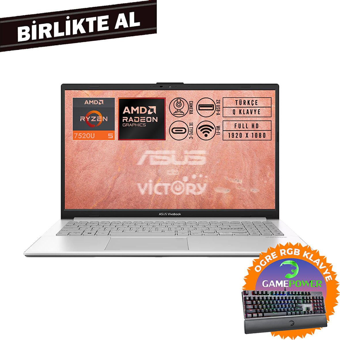 Asus VivoBook Go 15 AMD Ryzen 5 7520U 8GB 1TB SSD 15.6" FHD Fdos + Gaming Klavye E1504FA-NJ115 011