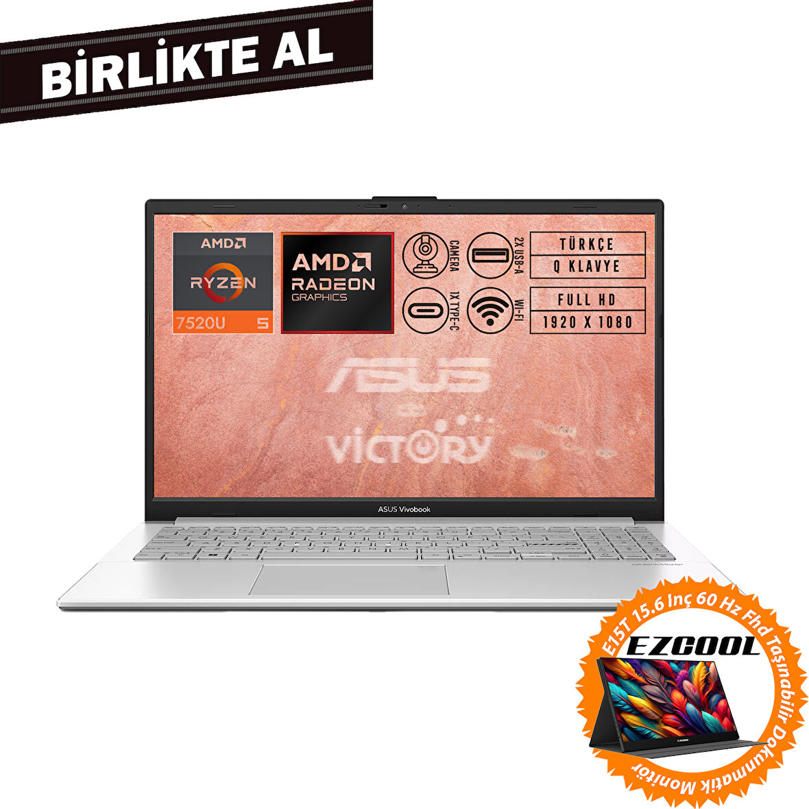 Asus VivoBook Go 15 AMD Ryzen 5 7520U 8GB 1TB SSD 15.6" Fdos+ 15.6" Touch Monitör E1504FA-NJ115 010