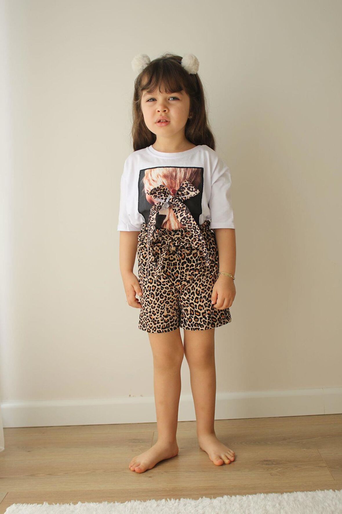 KIZ ÇOCUK LEOPAR DESENLİ PAMUK ŞORTLU TAKIM