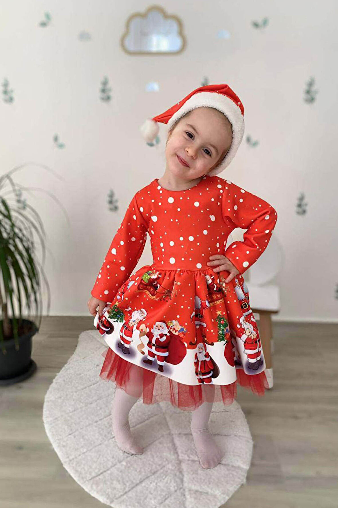 YILBAŞI TEMALI KIZ ÇOCUK UZUN KOL NOEL ŞAPKA HEDİYELİ SCUBA KUMAŞ ELBİSE