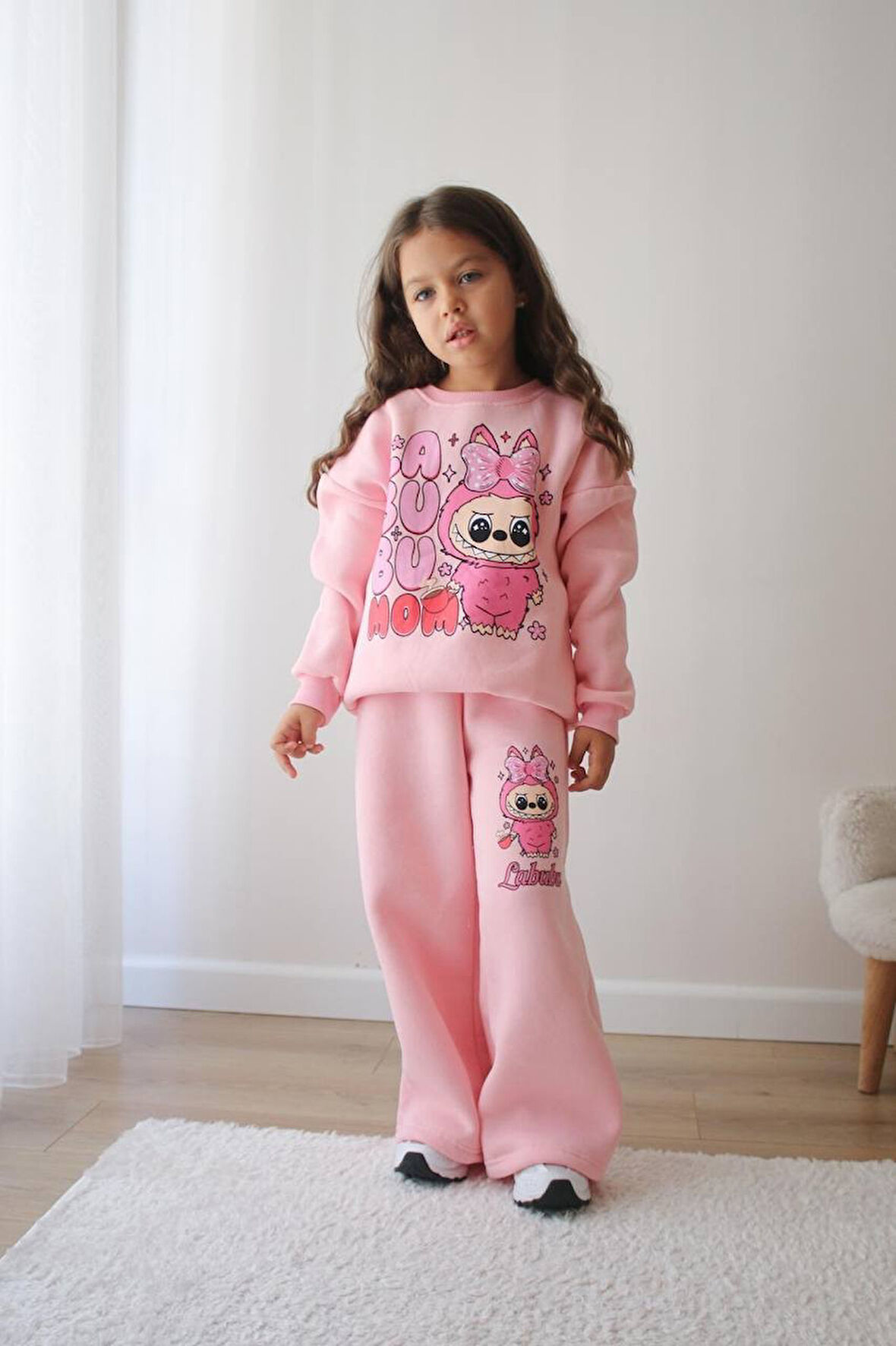 KIZ ÇOCUK LABUBU MODELLİ 3 İPLİK ŞARDONLU EŞOFMAN TAKIMI