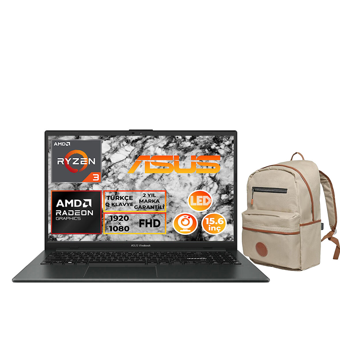 ASUS Vivobook Go 15 Ryzen 3 7320U 8GB 512GB SSD 15.6" FHD Freedos Laptop + Çanta E1504FA-NJ097 009