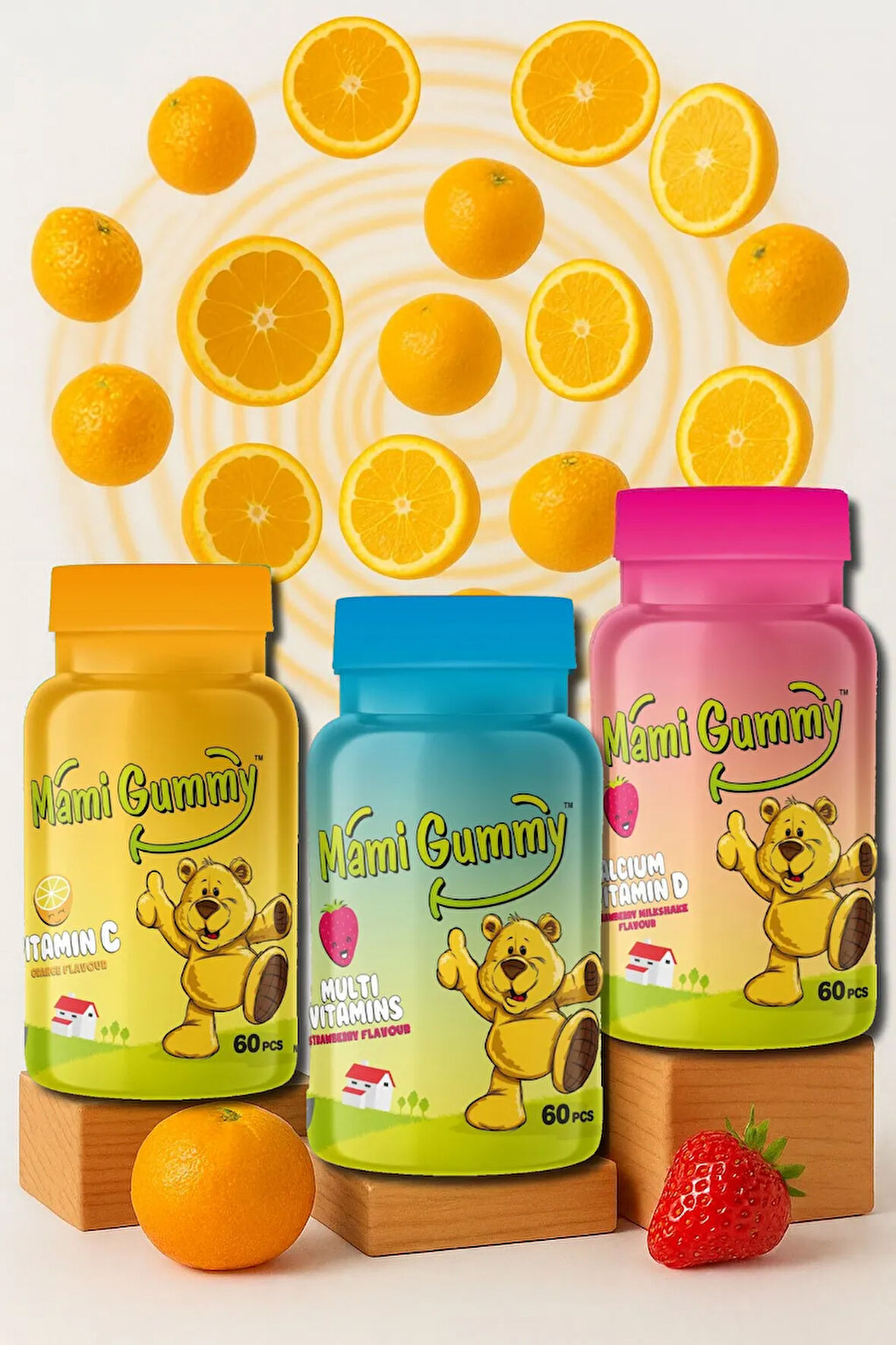3'lü Set Multivitamin (Çilek) - Kalsiyum & Vitamin D (Çilek) - Vitamin C (Portakal)