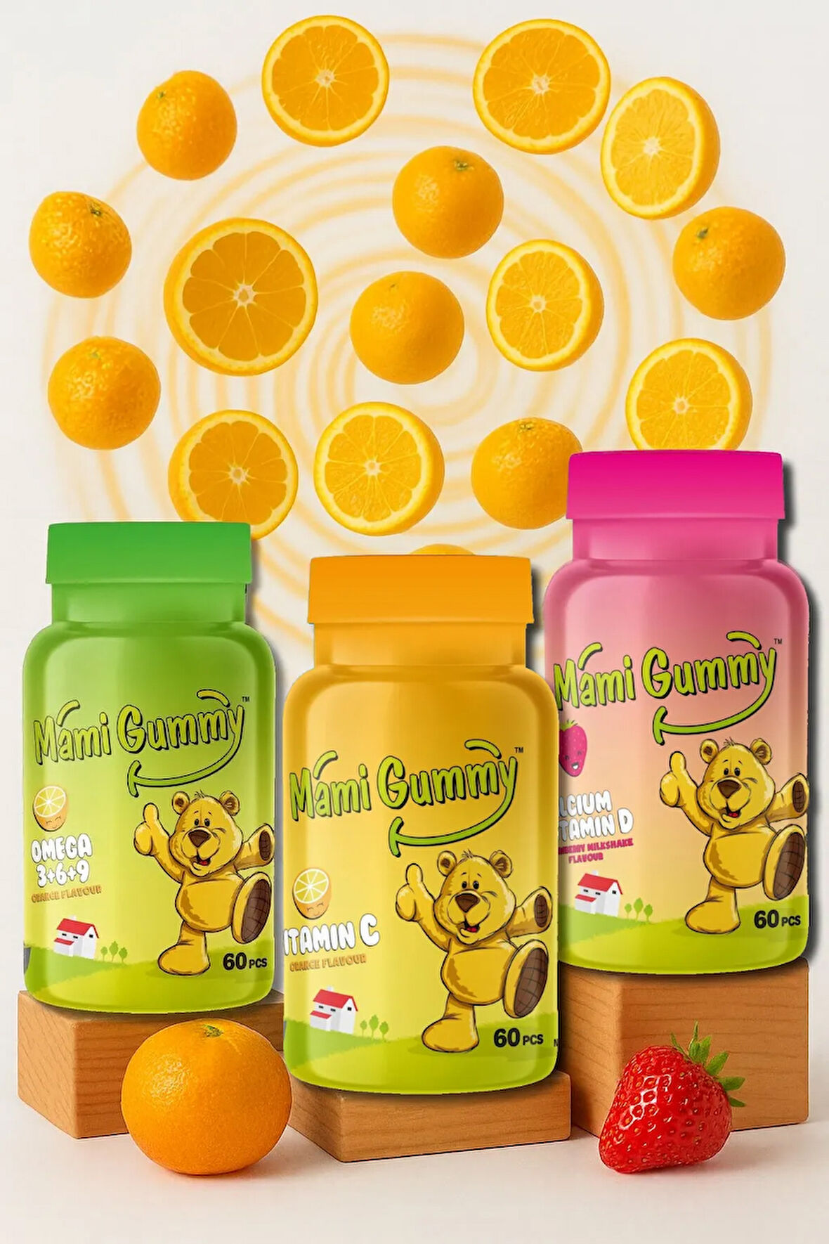 3'lü Set Omega (3-6-9) (Portakal) - Kalsiyum & Vitamin D (Çilek) - Vitamin C (Portakal)