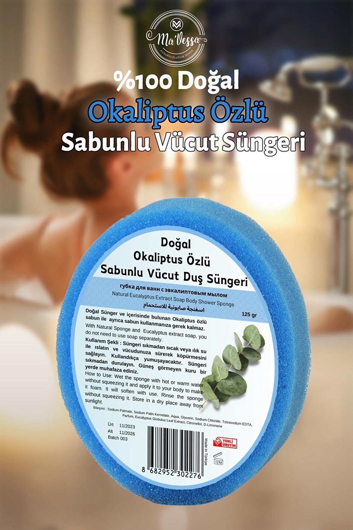 Doğal Okaliptus Özlü Süngerli Sabun, Okaliptus Özlü Sabunlu Vücut Duş Süngeri, Banyo Lifi 125 gr