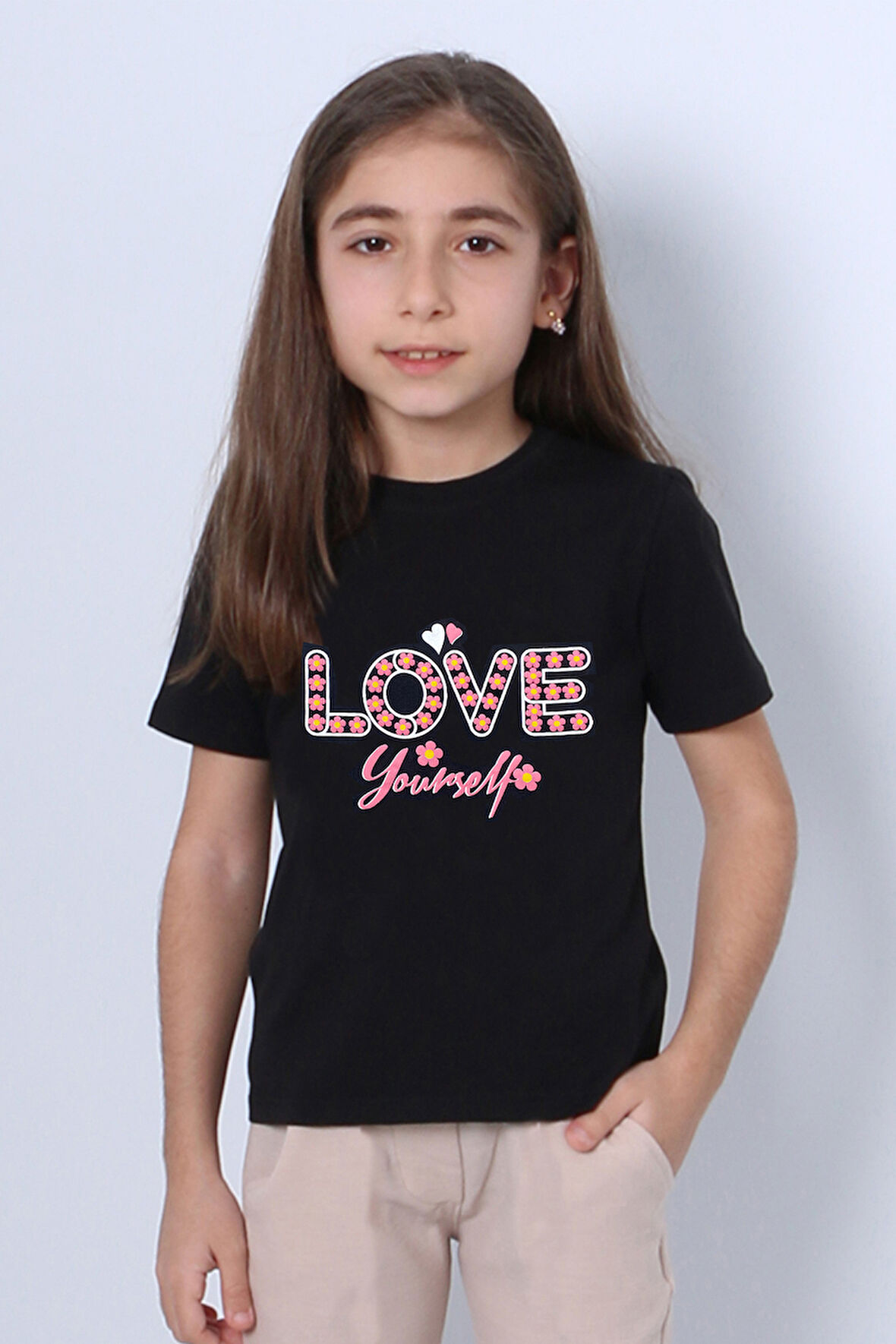 KIZ ÇOCUK TSHİRT LOVE BASKILI BİSİKLET YAKA E26