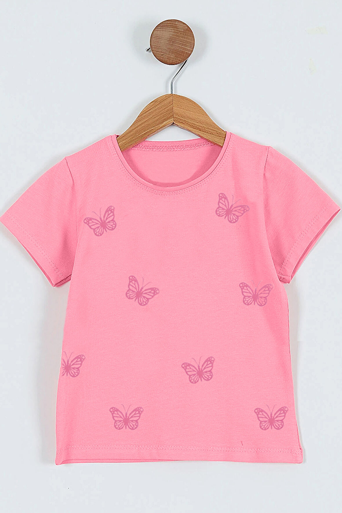 KIZ ÇOCUK TSHİRT KELEBEK BASKILI BİSİKLET YAKA D31