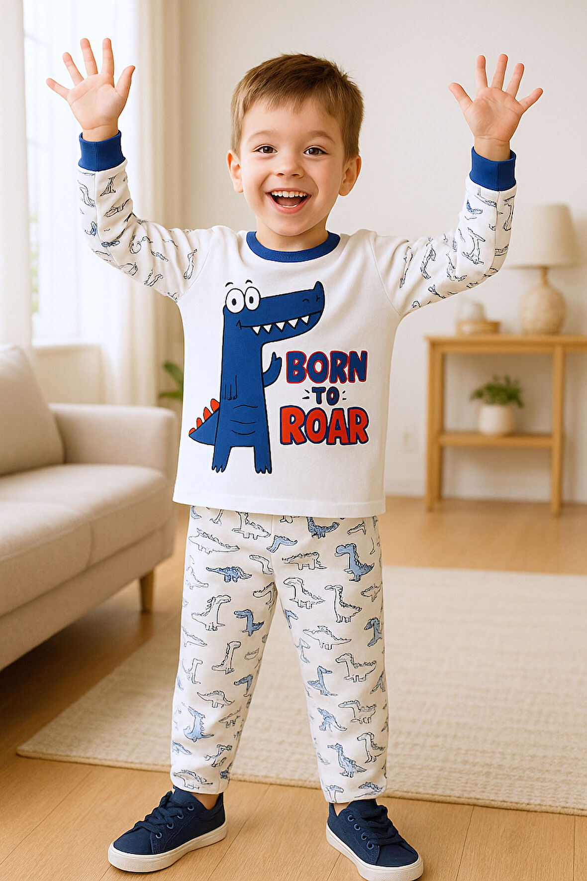 ERKEK ÇOCUK PİJAMA TAKIMI DİNOZOR BASKILI BİSİKLET YAKA C65