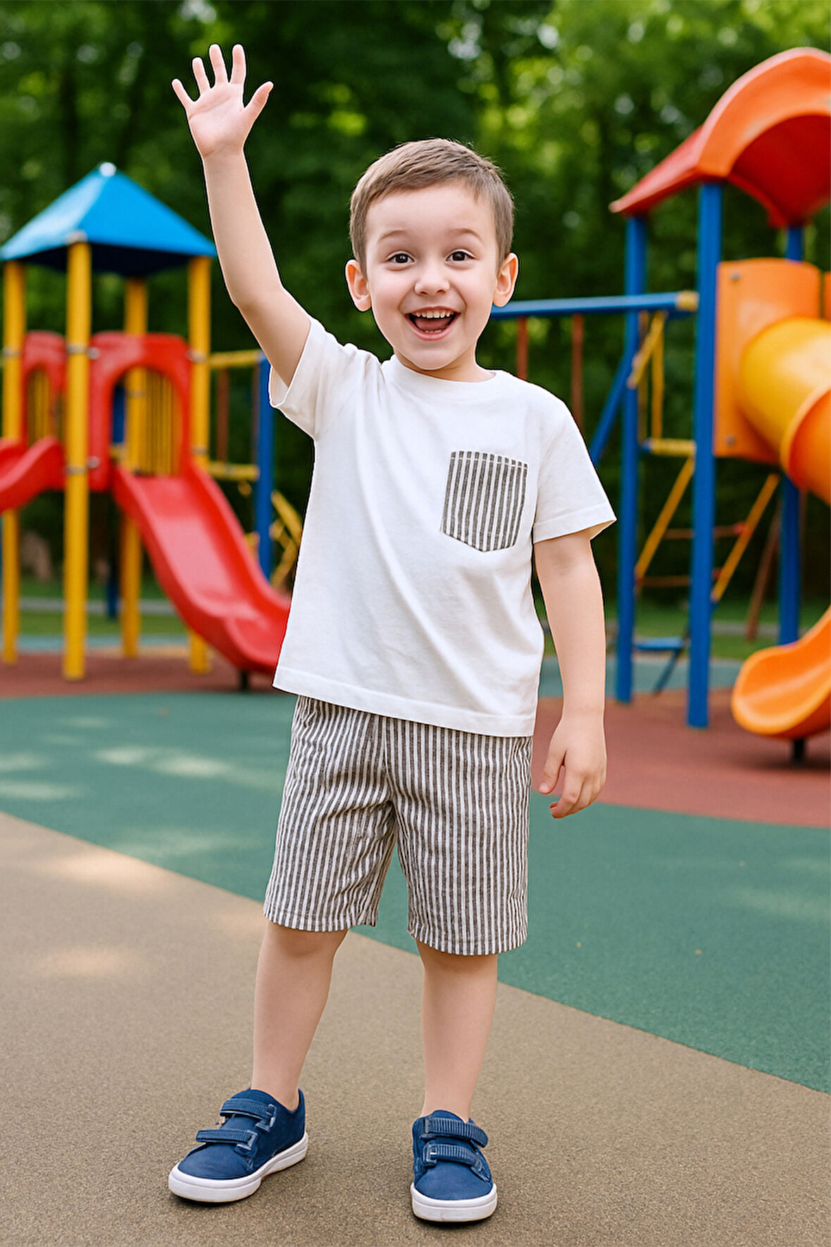 ERKEK ÇOCUK ŞORTLU TAKIM ÇİZGİLİ CEP DETAYLI E15