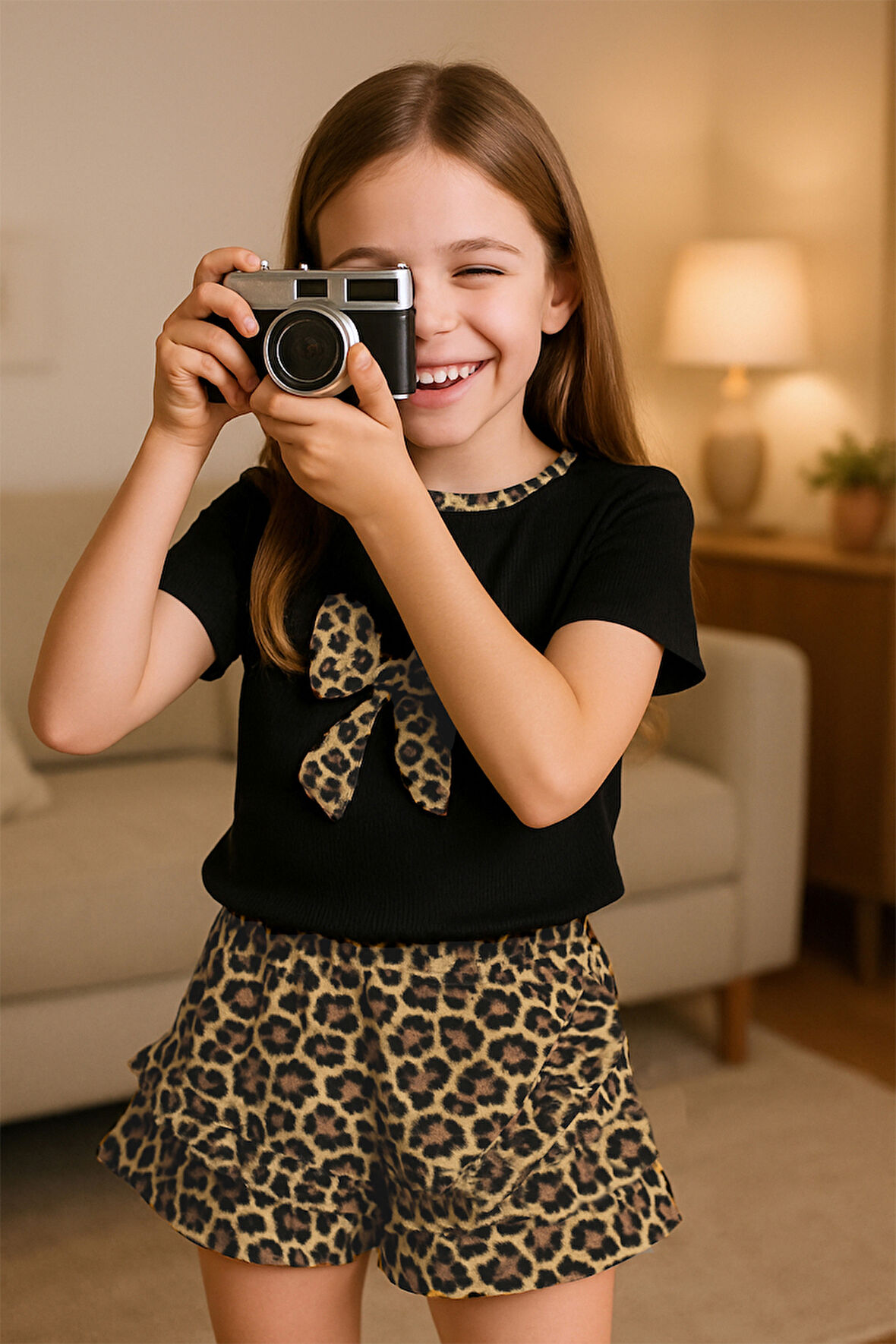 KIZ ÇOCUK ŞORT ETEK TAKIM LEOPAR BASKILI FIRFIRLI B1