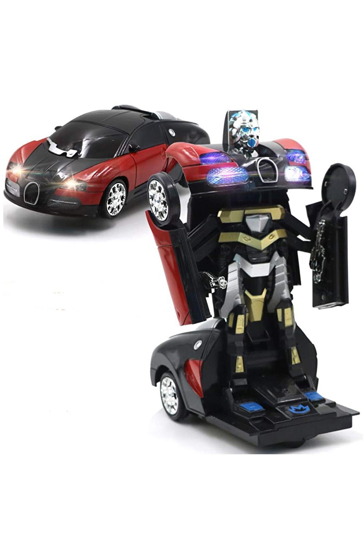 Robota Dönüşebilen Bugatti Araba Işıklı Sesli Müzikli Kendi Kendine Gezen Pilli Oyuncak 20 Cm.