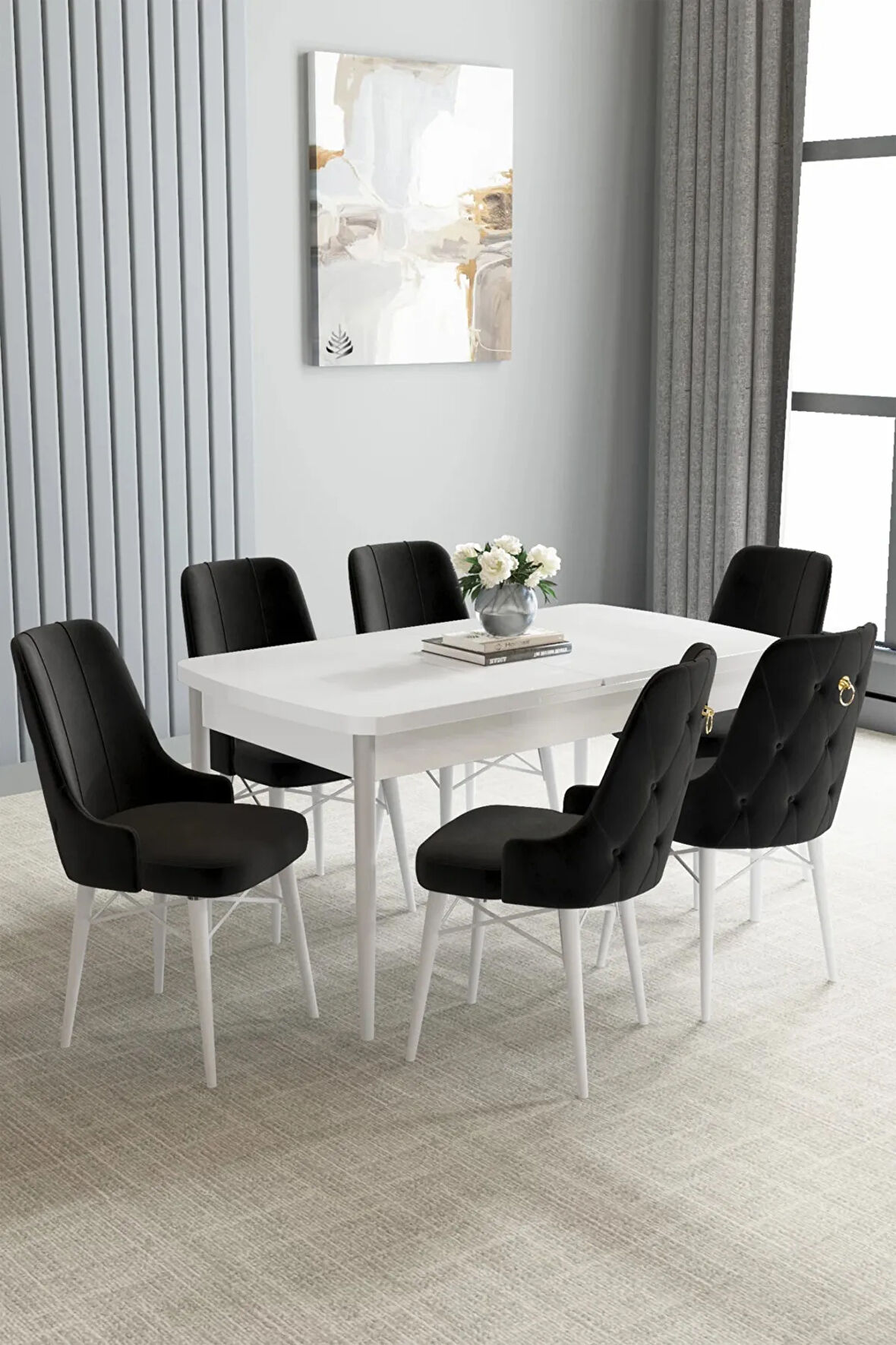 Almira Serisi, Beyaz 80x132 Açılabilir Mdf Mutfak Masası Takımı 6 Adet Sandalye