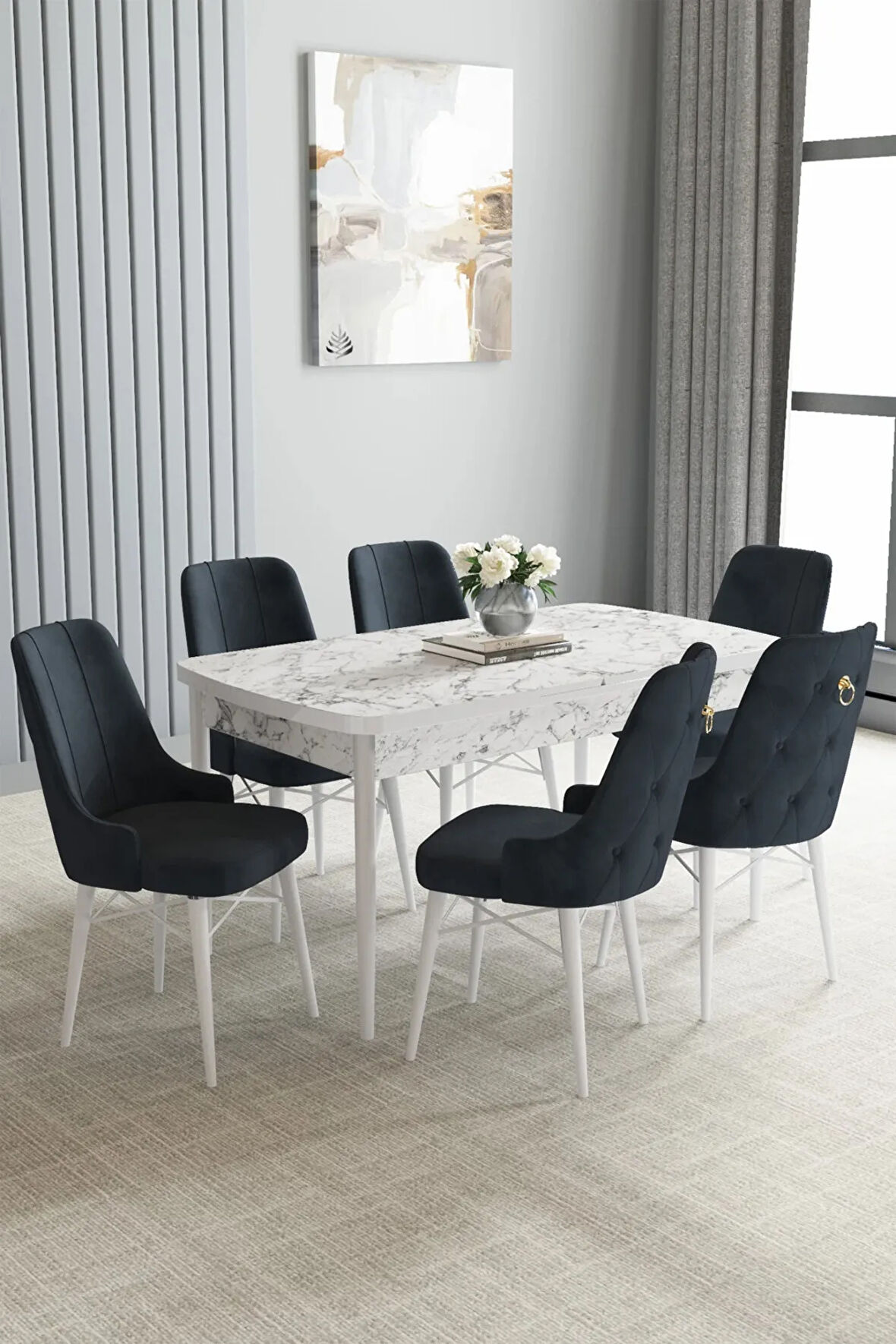 Almira Serisi, Beyaz Mermer Desen 80x132 Açılabilir Mdf Mutfak Masası Takımı 6 Adet Sandalye