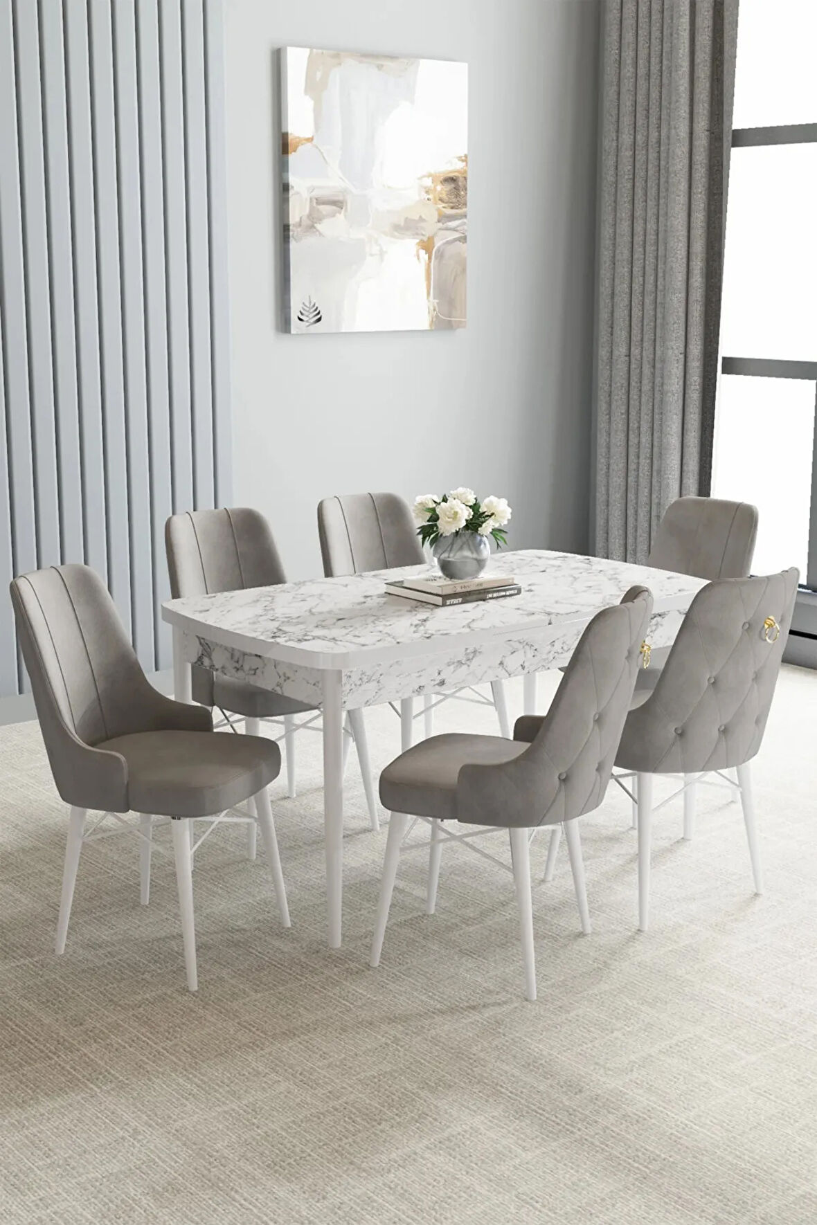 Almira Serisi, Beyaz Mermer Desen 80x132 Açılabilir Mdf Mutfak Masası Takımı 6 Adet Sandalye