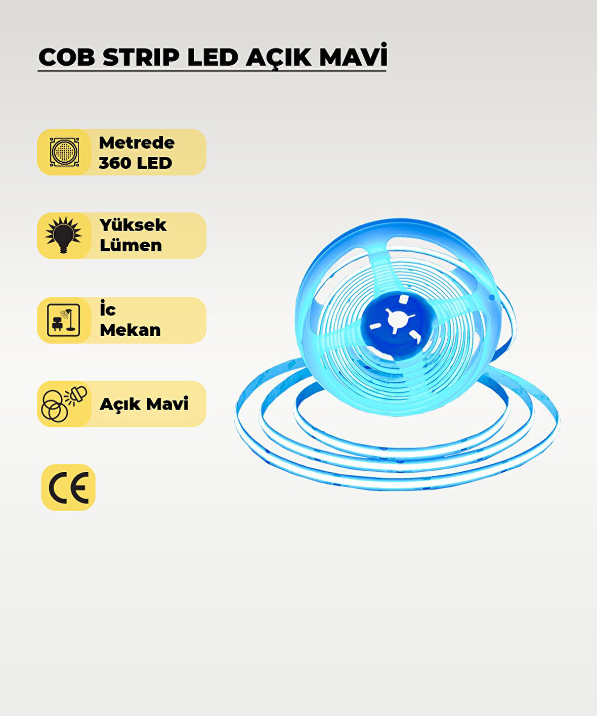 12V COB Şerit Led Açık Mavi Işık  - Metrede 360 Led - 5 Metre