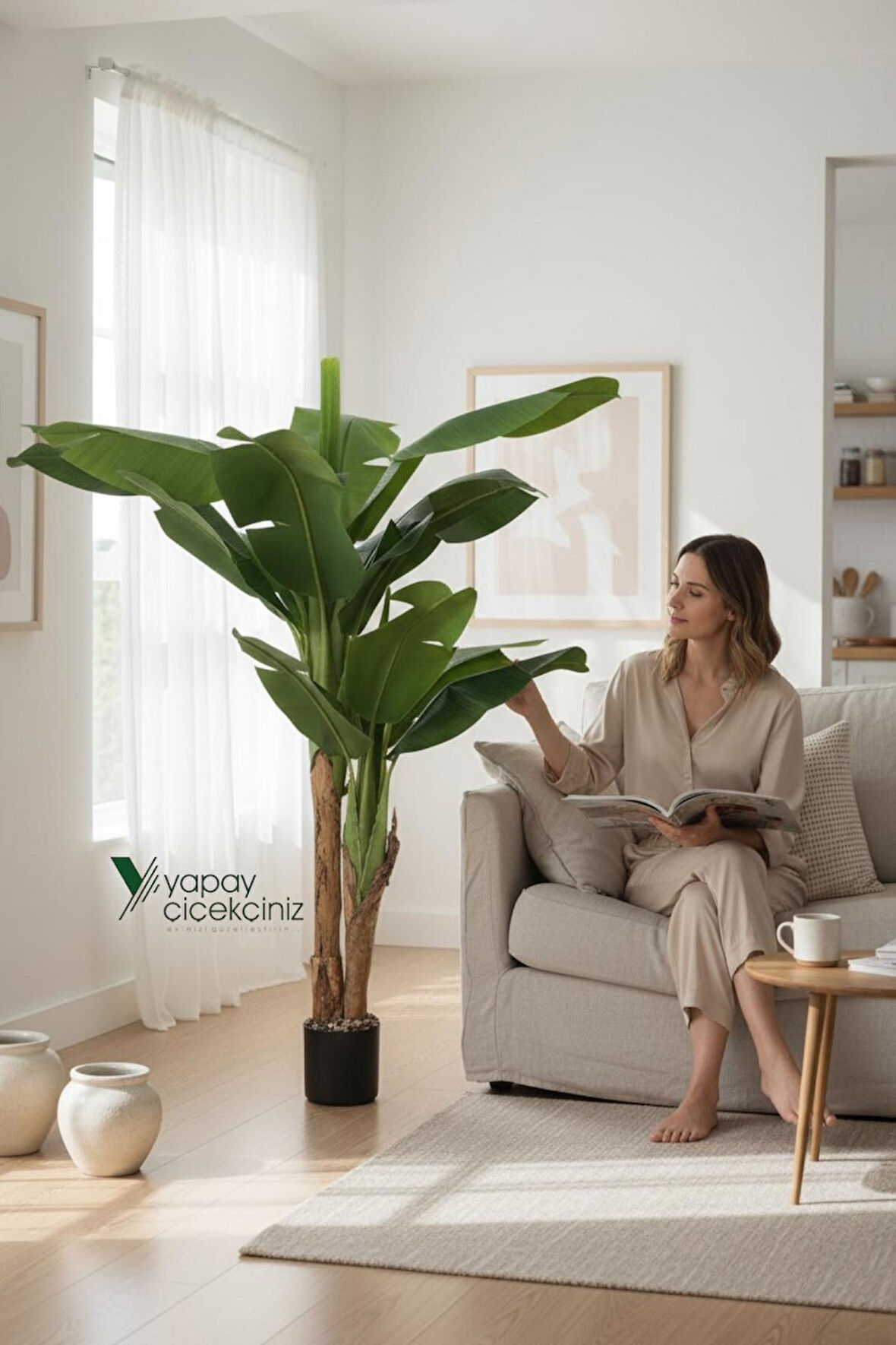 145 Cm 13 Dallı Islak Görünüm Yoğun İri Yapraklı Yapay Muz Ağacı