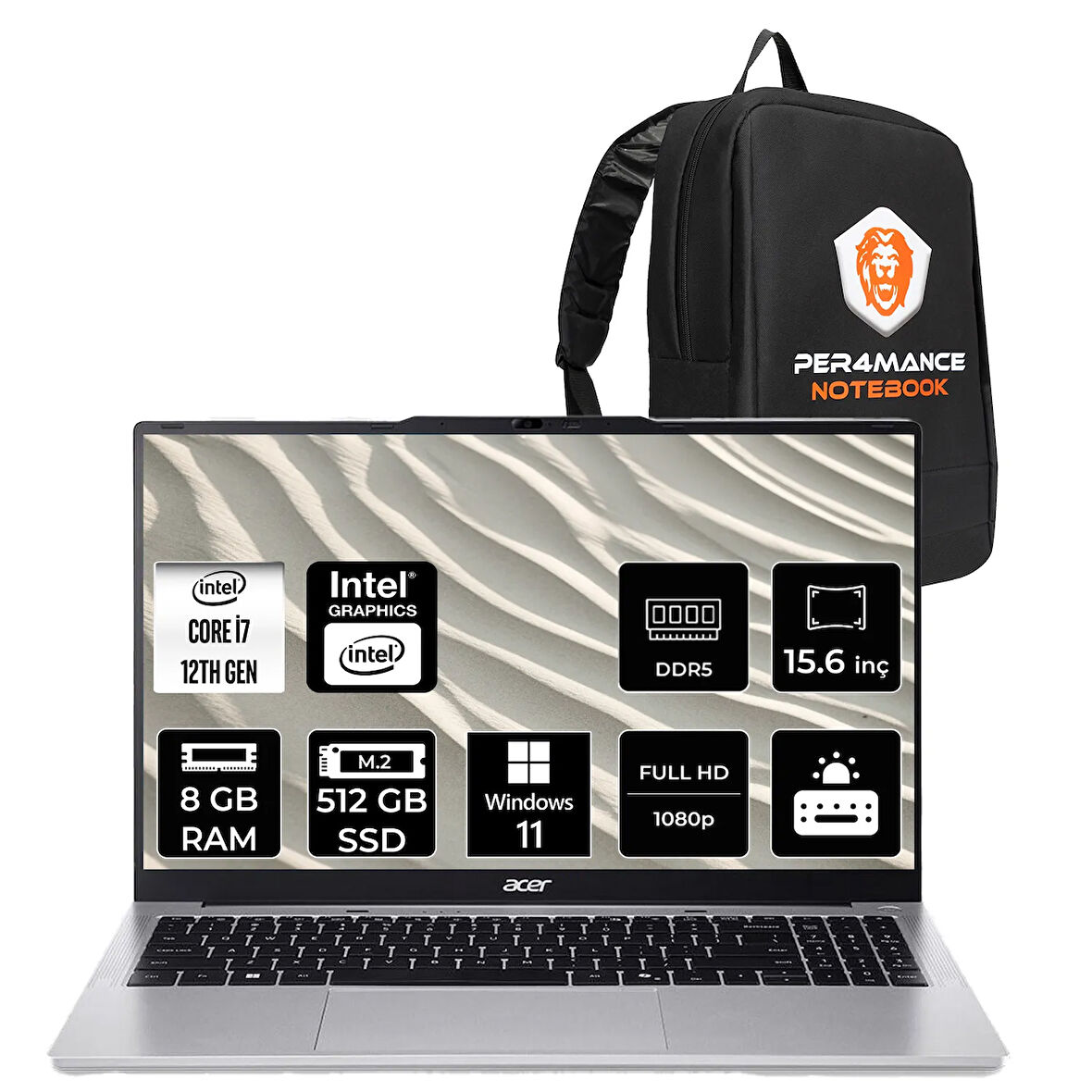 Acer Aspire Lite i7 12650H 8GB DDR5 512GB SSD 15.6" FHD W11P Dizüstü Bilgisayar & PER4 Çanta