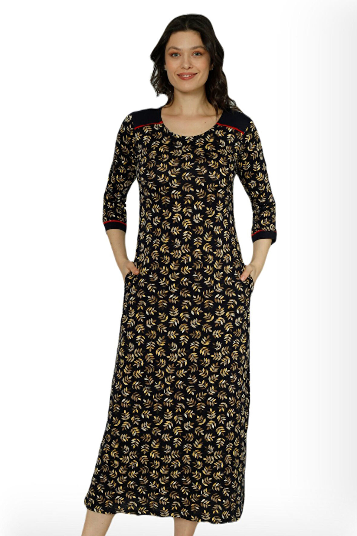 Kadın Siyah Desenli Truvakar Kollu Pamuklu Cepli Elbise