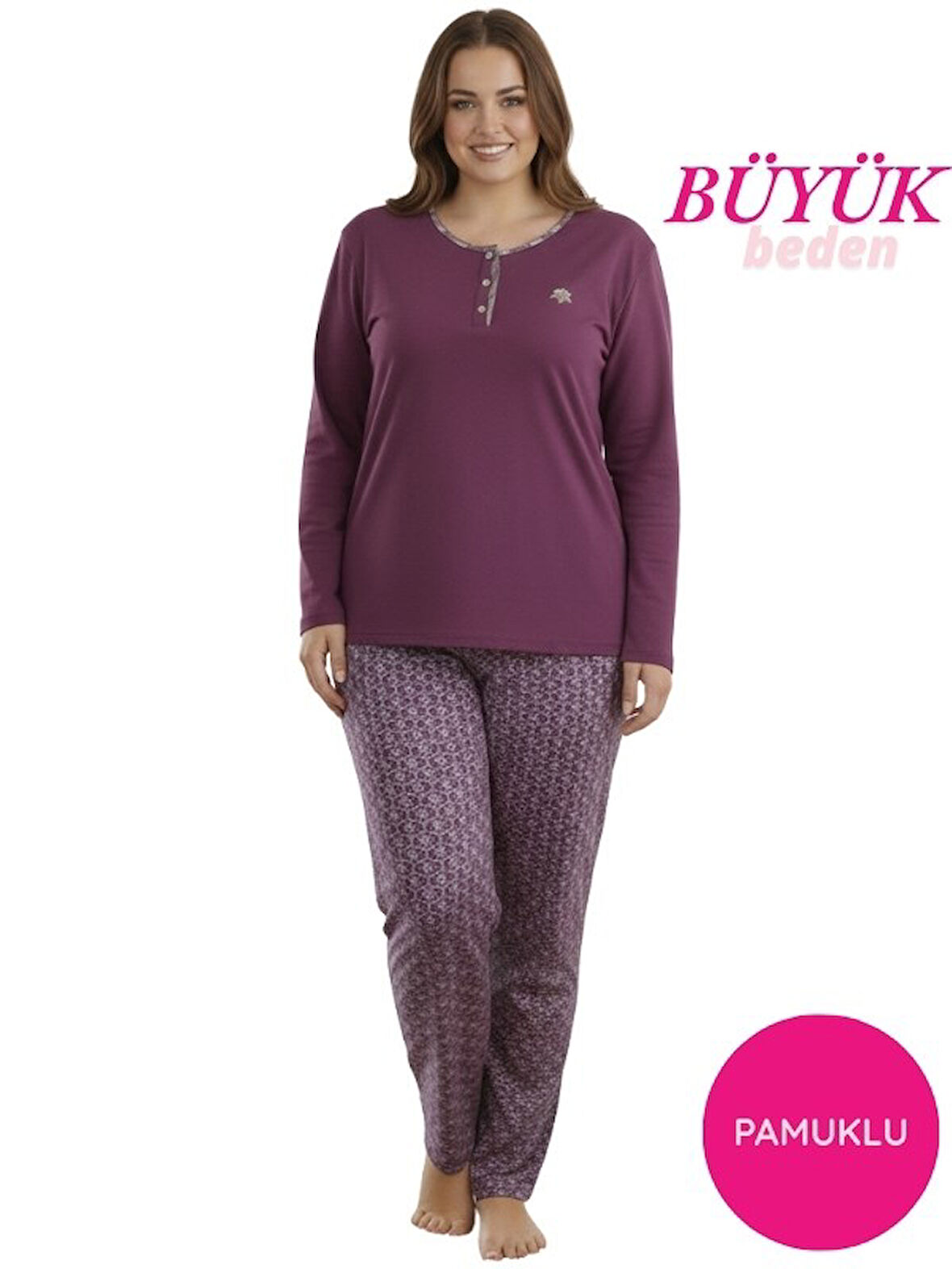 Kadın Etnik Desenli 3 Düğme Pamuk Likra Mevsimlik Uzun Kol Pijama Takımı