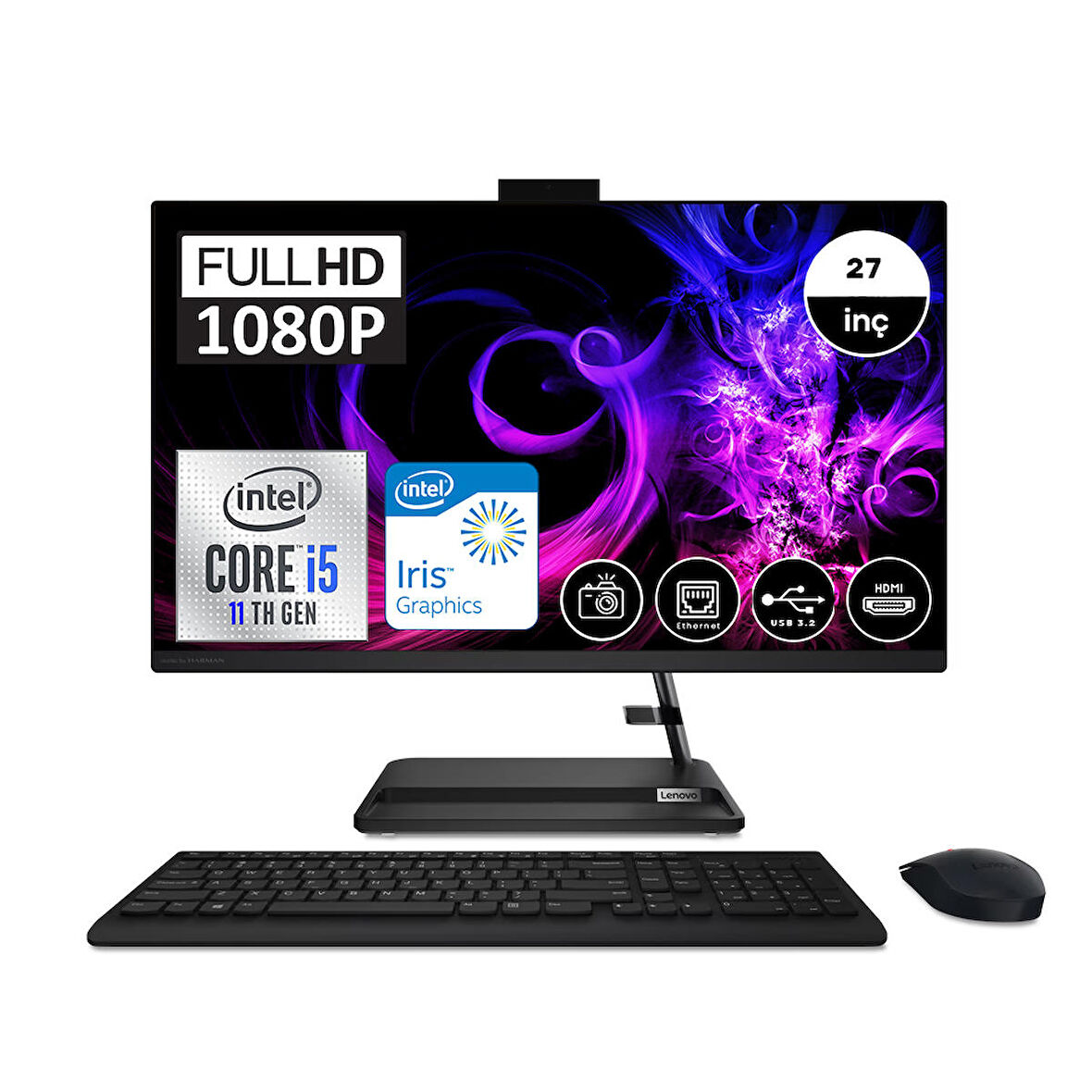 Lenovo Ideacentre AIO 3 F0FW00RWTXH03 Intel Core i5-1155G7 16 GB Ram 2 TB SSD Iris Xe Graphics 27" Full HD All in One PC + Zetta Flash Bellek