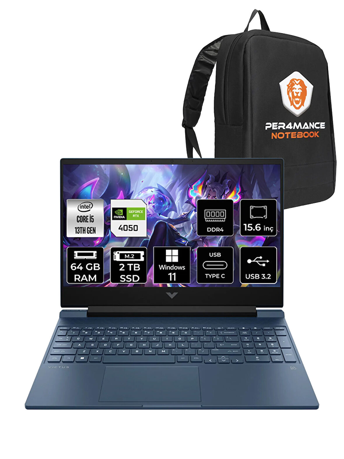 HP Victus 15 i5 13500H 64GB 2TB SSD RTX4050/6GB 144Hz 15.6'' FHD W11P Gaming Laptop & PER4 ÇANTA