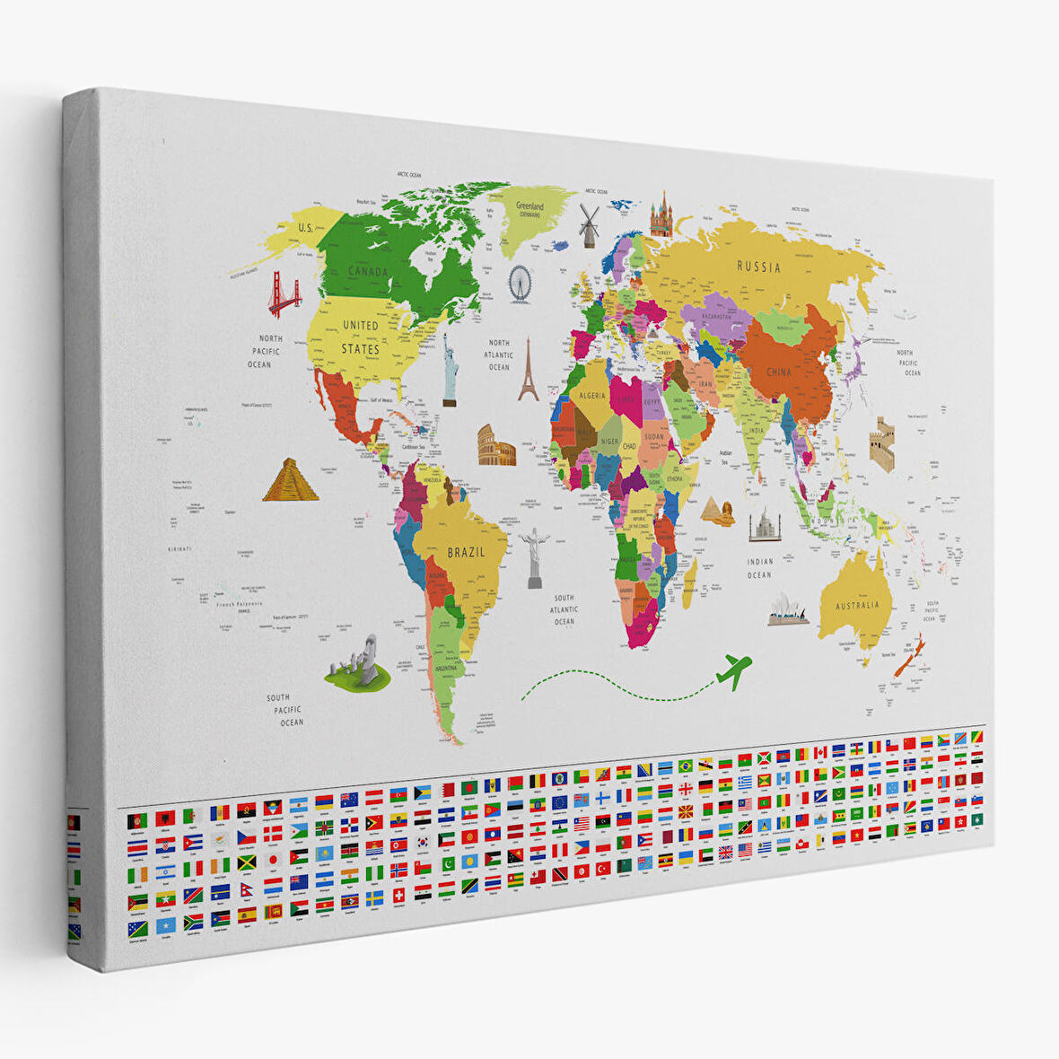 Harita Sepeti Dünya Haritası Ülke Bayraklı ve Başkentli Kanvas Tablo 1919