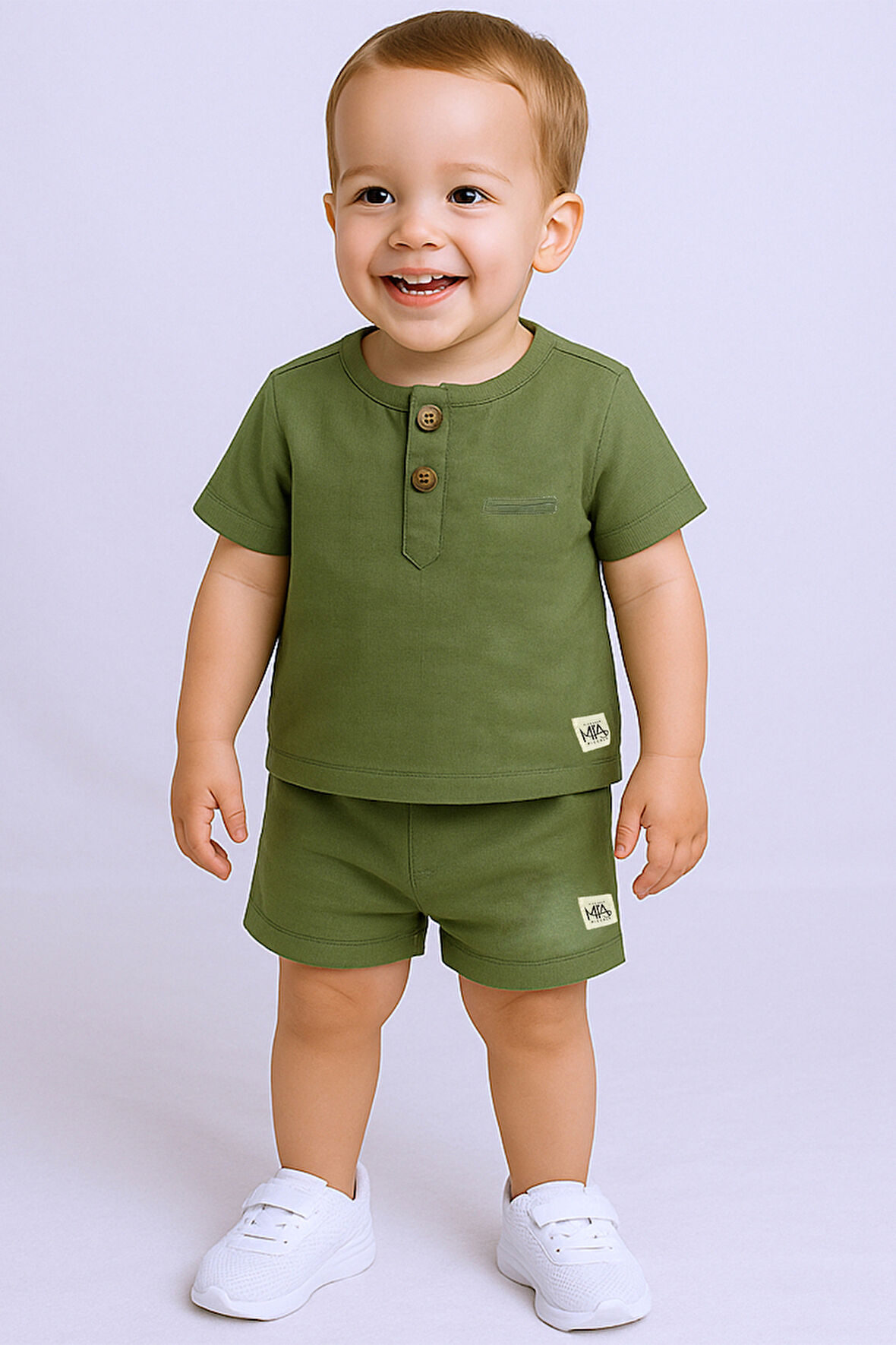 ERKEK BEBEK ŞORTLU TAKIM BİSİKLET YAKA DÜĞMELİ DÜZ RENK 
