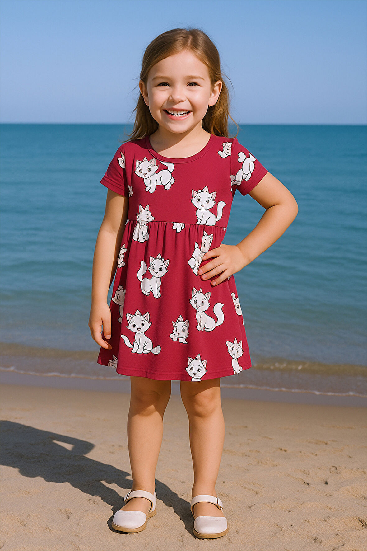 KIZ ÇOCUK ELBİSE FIRFIRLI KEDİCİK BASKILI B36