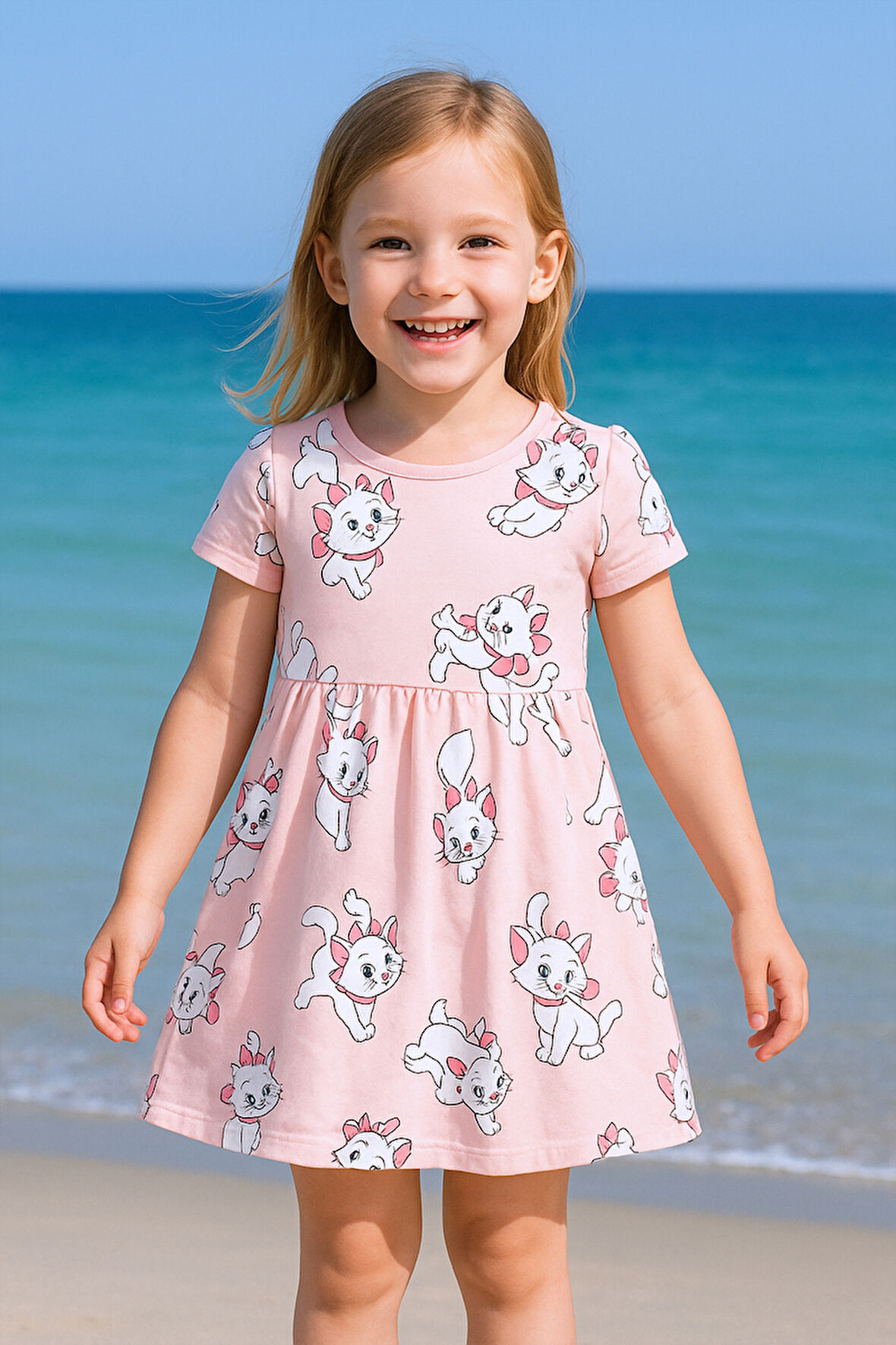 KIZ ÇOCUK ELBİSE FIRFIRLI KEDİCİK BASKILI B36