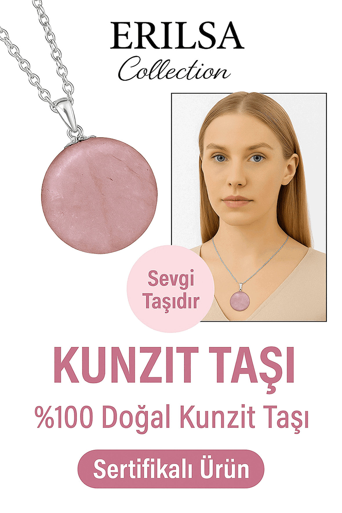Sertifikalı Kunzit Taşı Kolye - 1.kalite