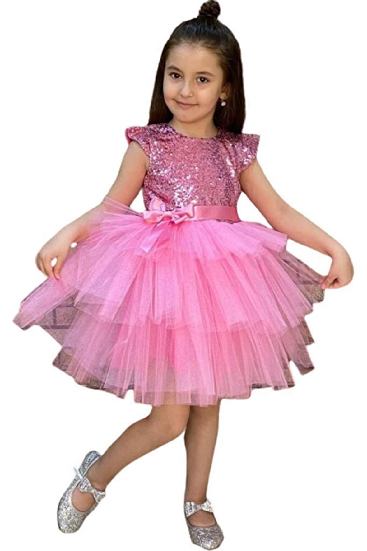 Kız Çocuk Üstü Pulpayet İşlemeli Katkat Pembe Abiye