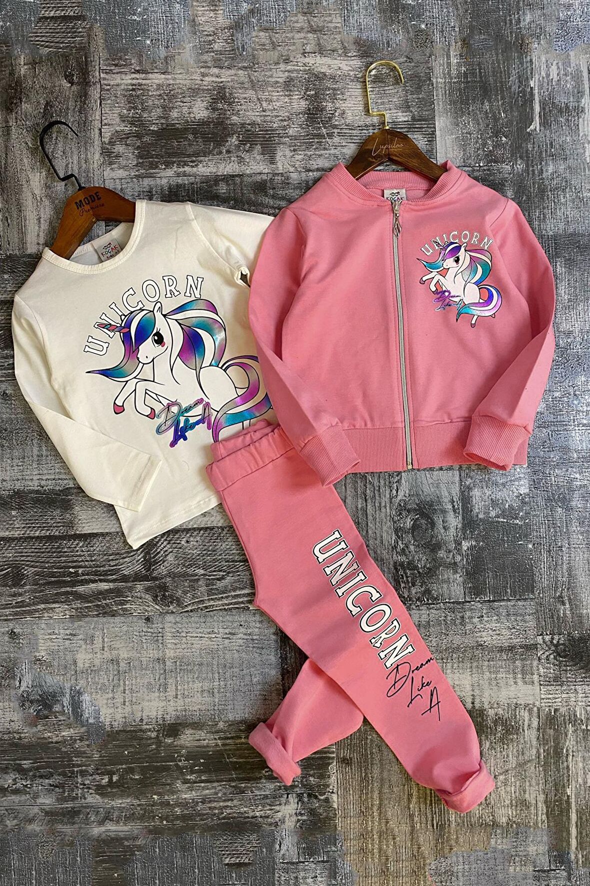 Riccotarz Kız Çocuk Unicorn Baskılı 3lü Pembe Taytlı Takım
