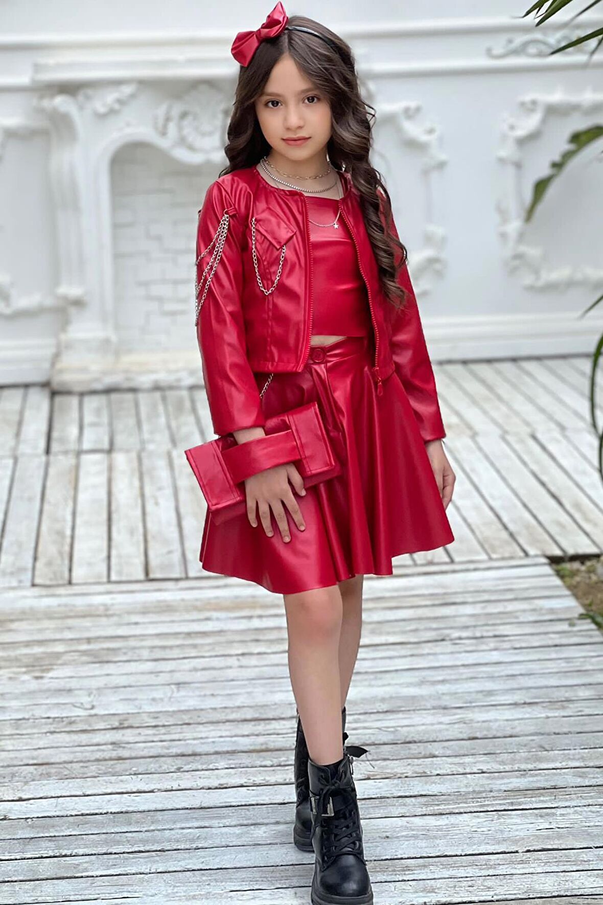 Kız Çocuk Zincir Detaylı Çeket Beli Manşetli Etek ve Croplu Kırmızı Etekli Takım