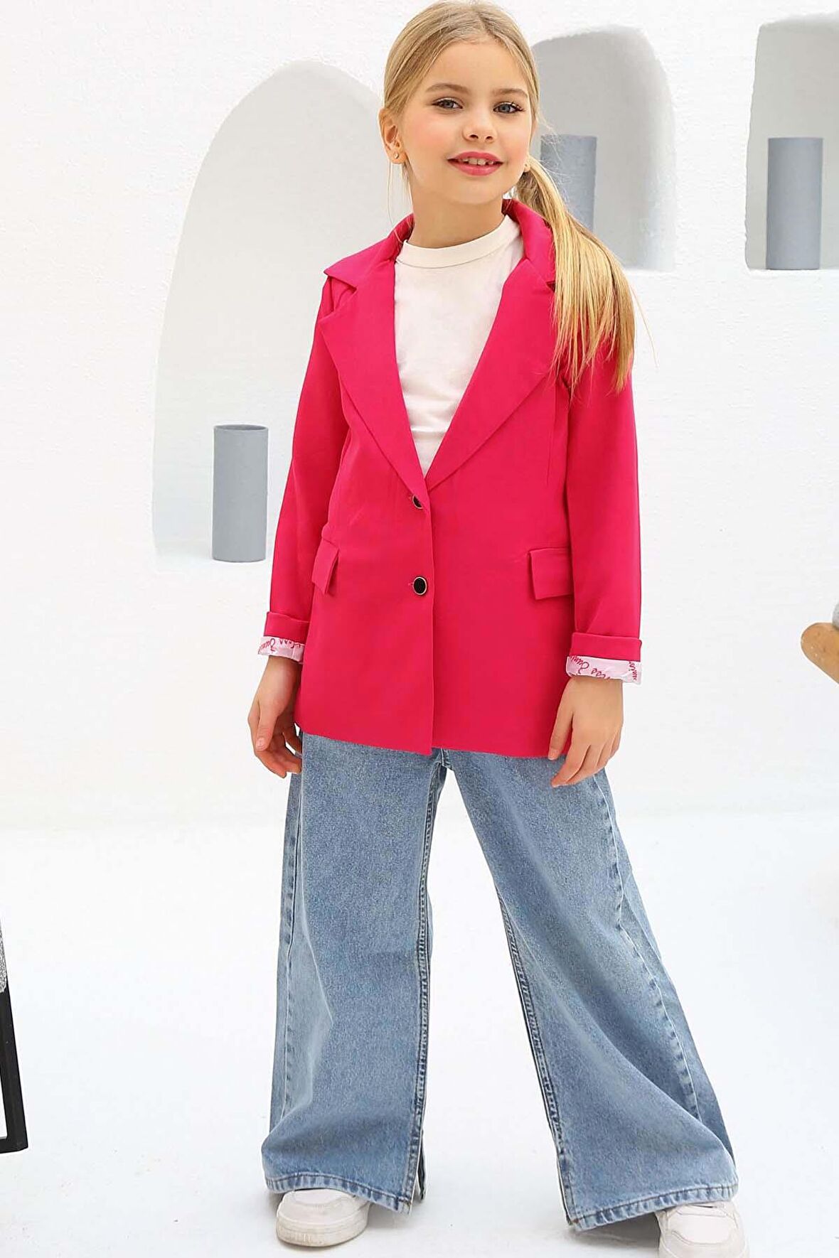 Kız Çocuk Bol Kesim Pantolon ve Blazer Ceket Pembe Alt Üst Takım