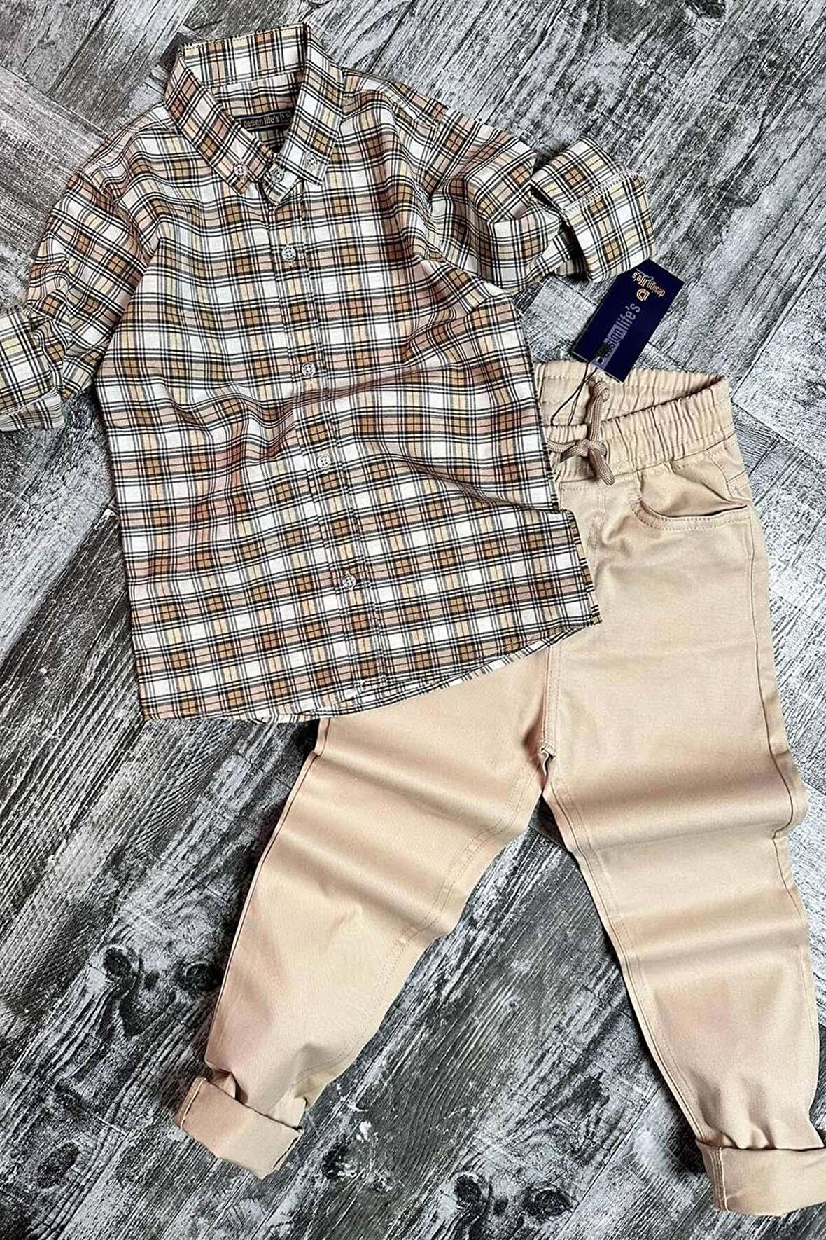 Erkek Çocuk Likralı Gabardin Çizgili Dokuma Kahverengi Gömlek Alt Üst Takım