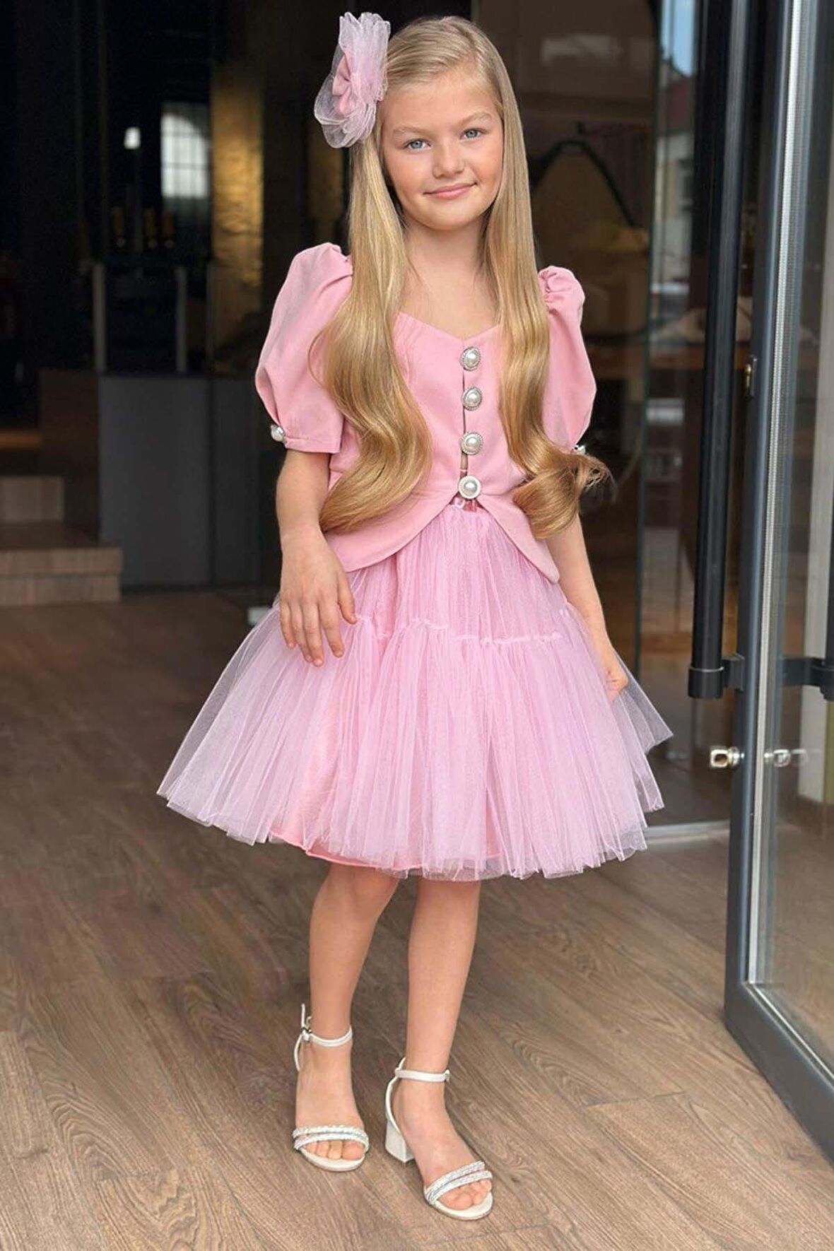 Kız Çocuk Karpuz Kol Düğme Detaylı Ceket Kat Kat Tül Pembe Etekli Takım